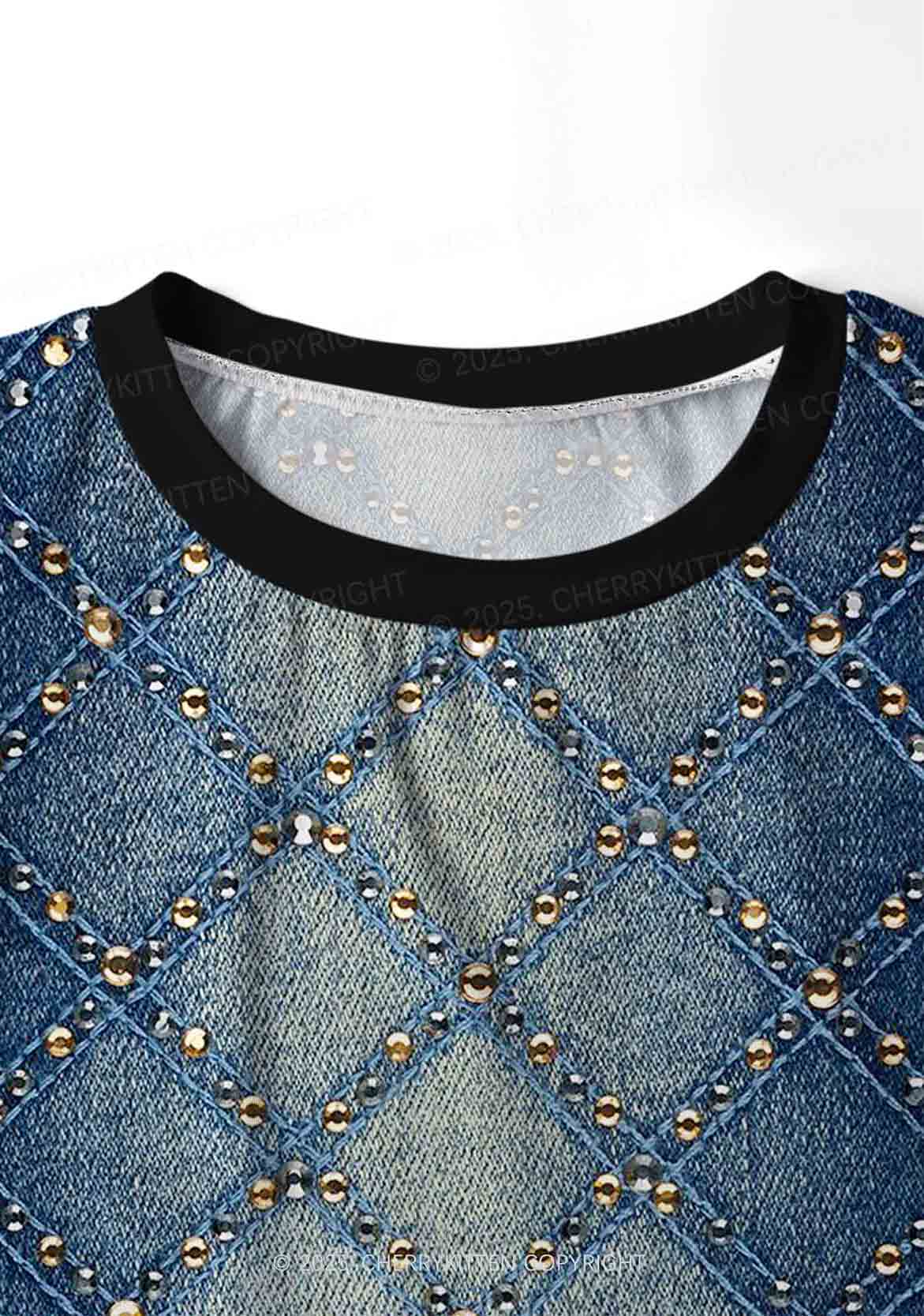 Denim Sparkle Y2K Print Long Sleeve Pajama Set Cherrykitten