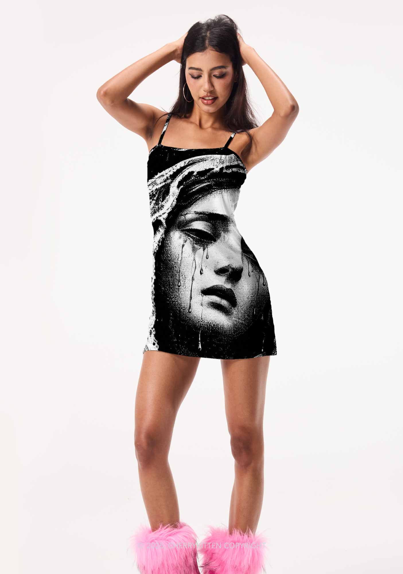 Halloween Weeping Veiled Woman Y2K Print Slip Dress Cherrykitten