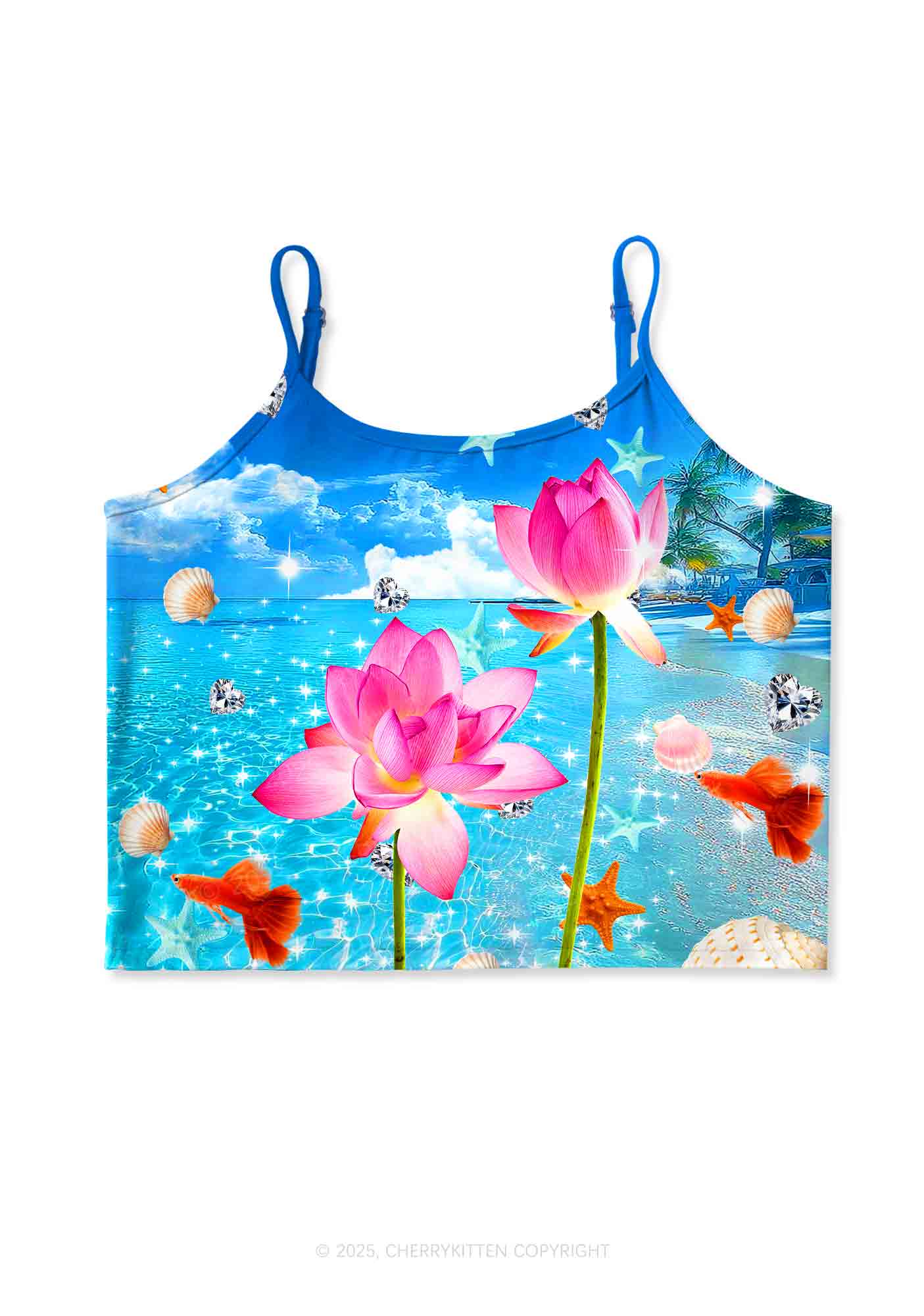 Seaside Lotus Y2K Print Cami Crop Top Cherrykitten
