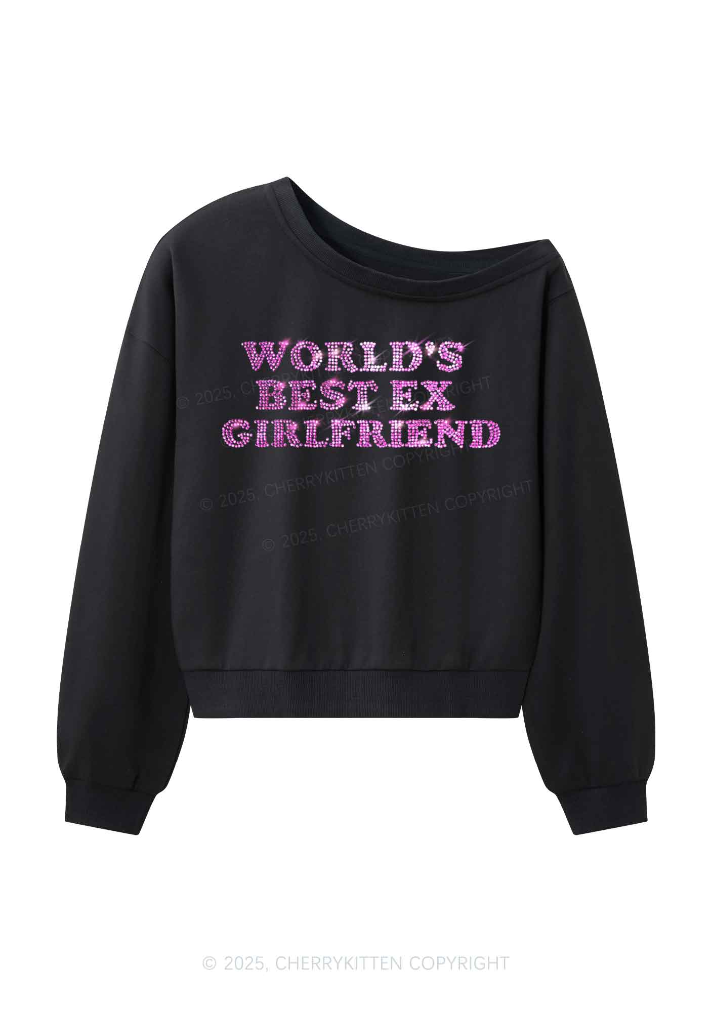 Rhinestone Best Ex Girlfriend Y2K Off Shoulder Sweatshirts Cherrykitten