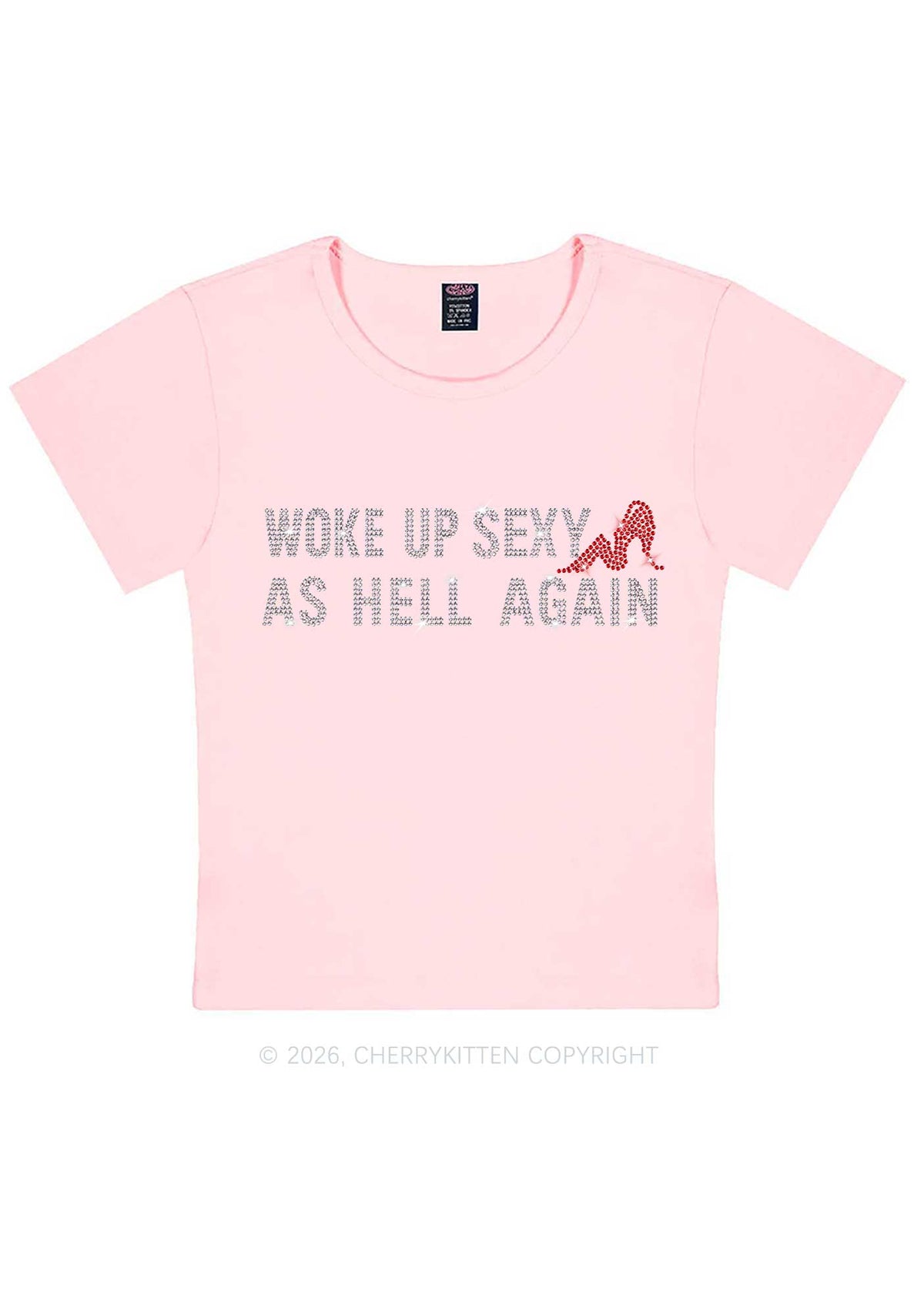 Rhinestone Woke Up Sexy Y2K Baby Tee Cherrykitten