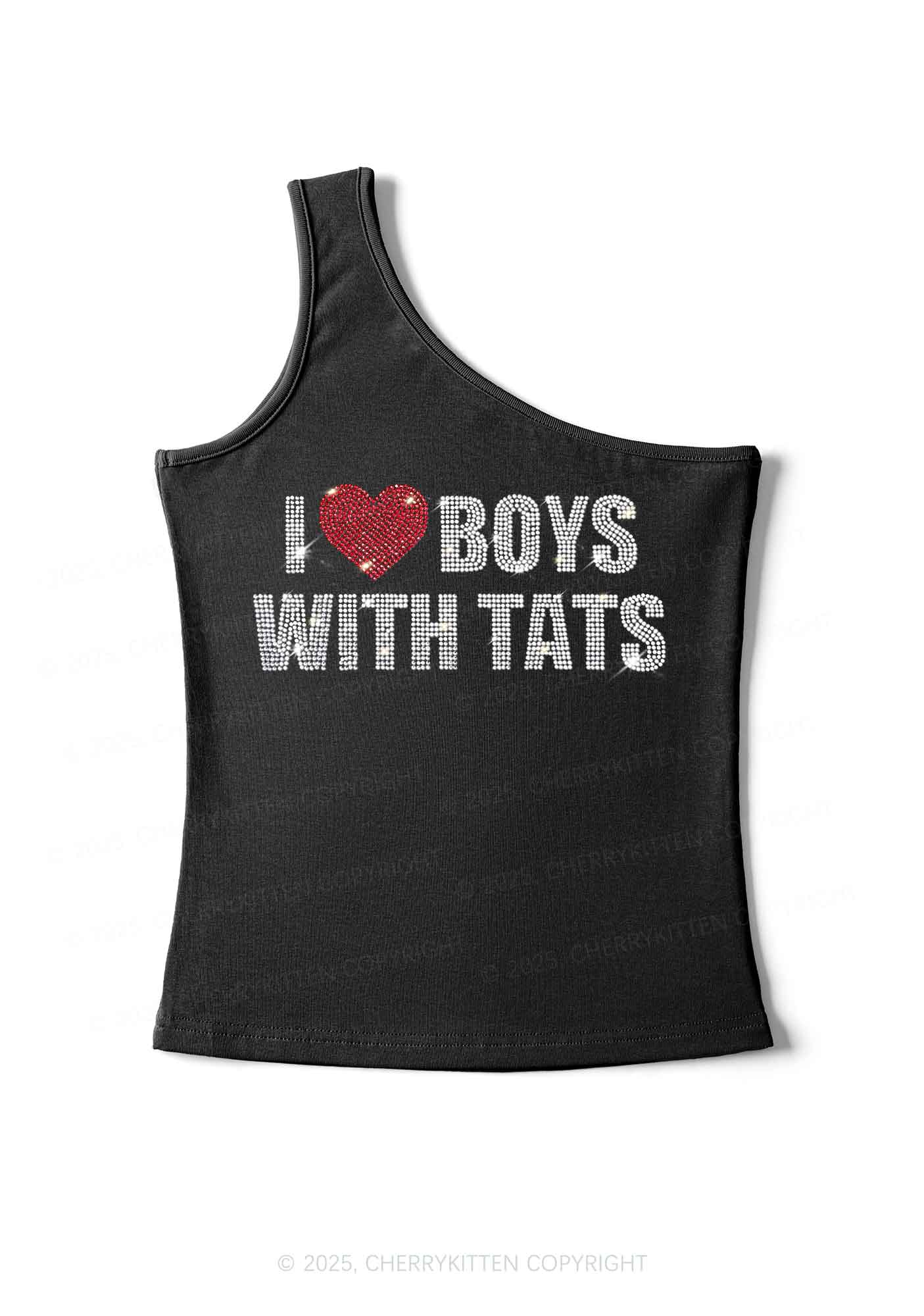 Rhinestone I Love Boys With Tats Y2K One Shoulder Tank Top Cherrykitten