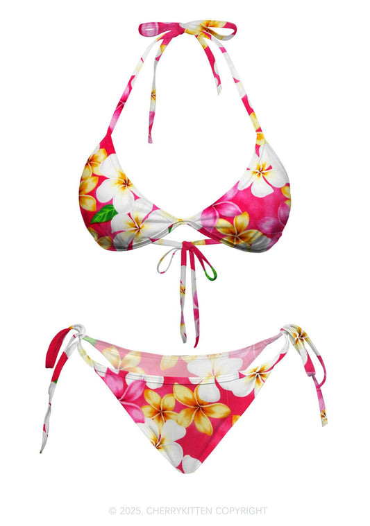 Pink Plumeria Y2K Print Bikini Set Cherrykitten