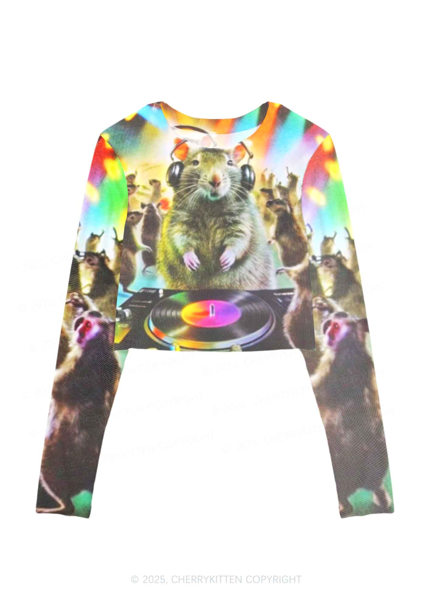 Rats Party Y2K Mesh Long Sleeve Crop Top Cherrykitten