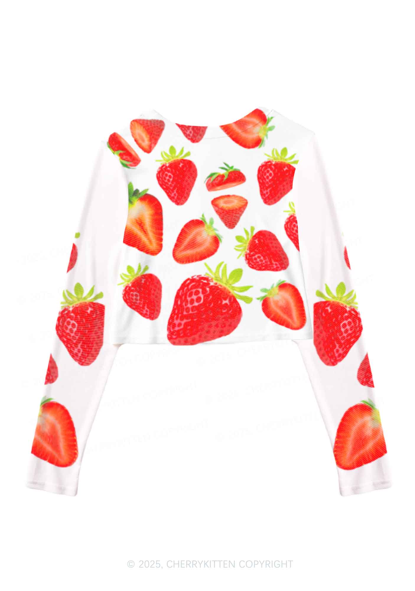 White Strawberry Y2K Mesh Long Sleeve Crop Top Cherrykitten