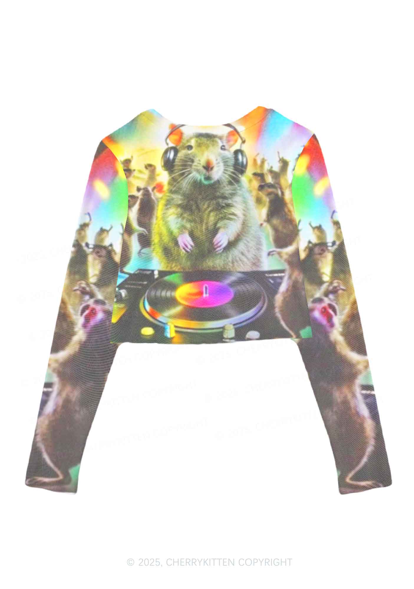 Rats Party Y2K Mesh Long Sleeve Crop Top Cherrykitten