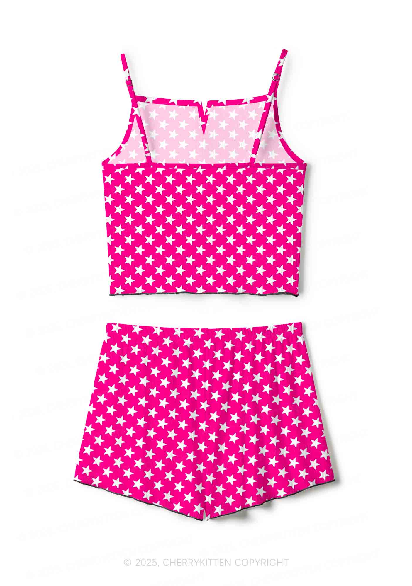 White Stars On Pink Valentine's Day Y2K Print Cami Shorts Pajama Set Cherrykitten