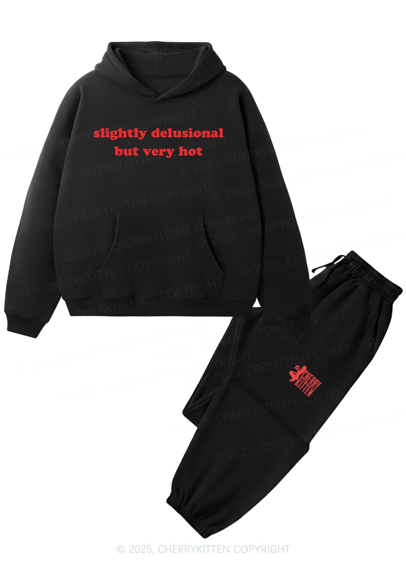 Slightly Delusional But Very Hot Y2K Fleece Hoodie Set Cherrykitten