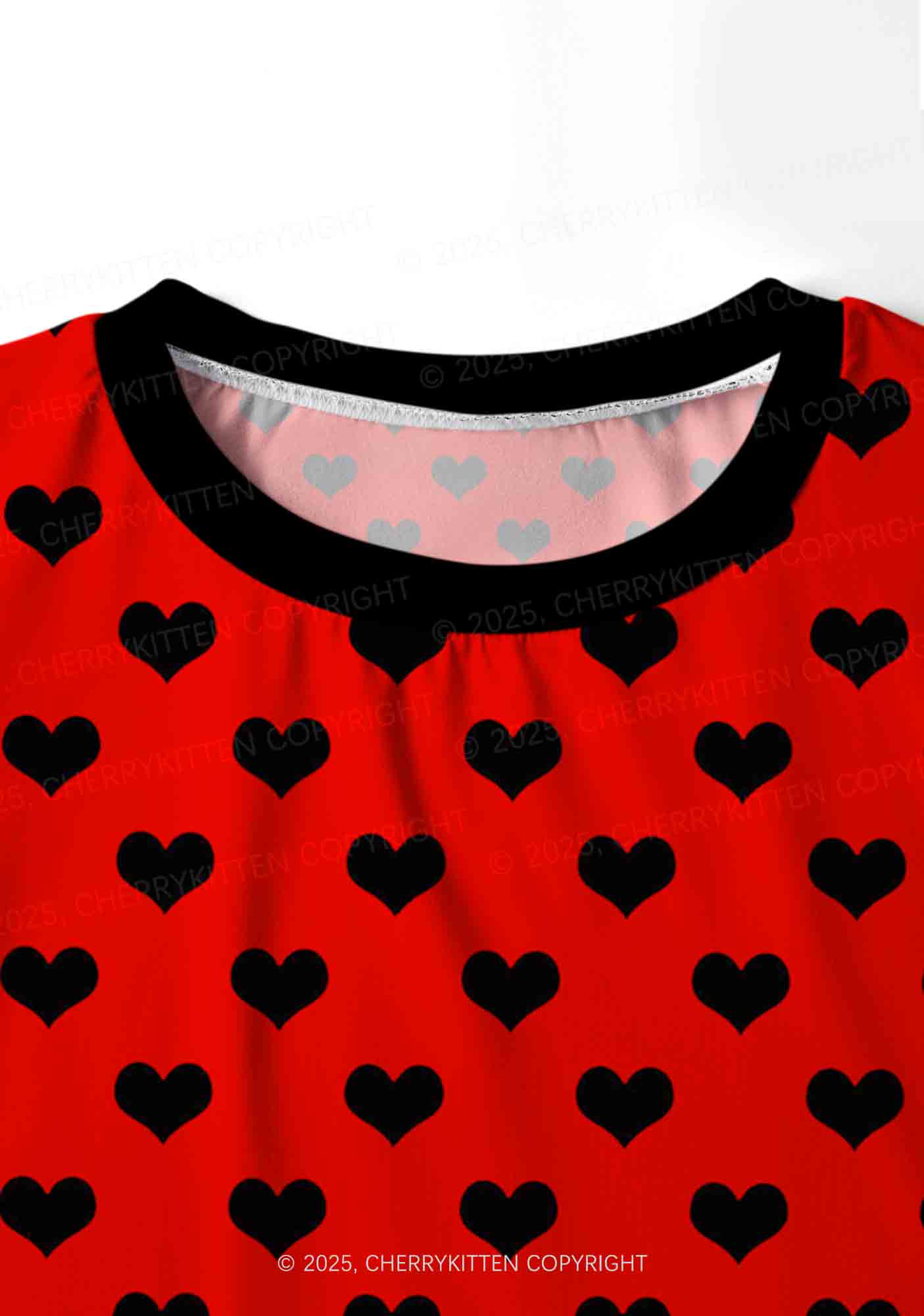 Black Heart On Red Valentine's Day Y2K Print Long Sleeve Pajama Set Cherrykitten