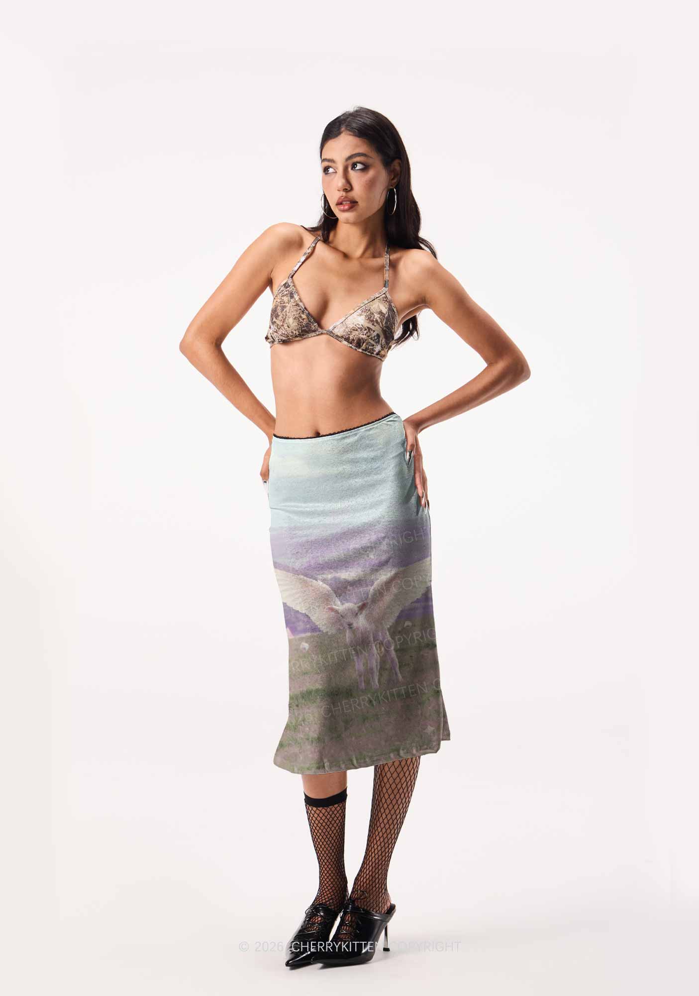 Angel Wing Lamb Y2K Print Midi Skirt Cherrykitten