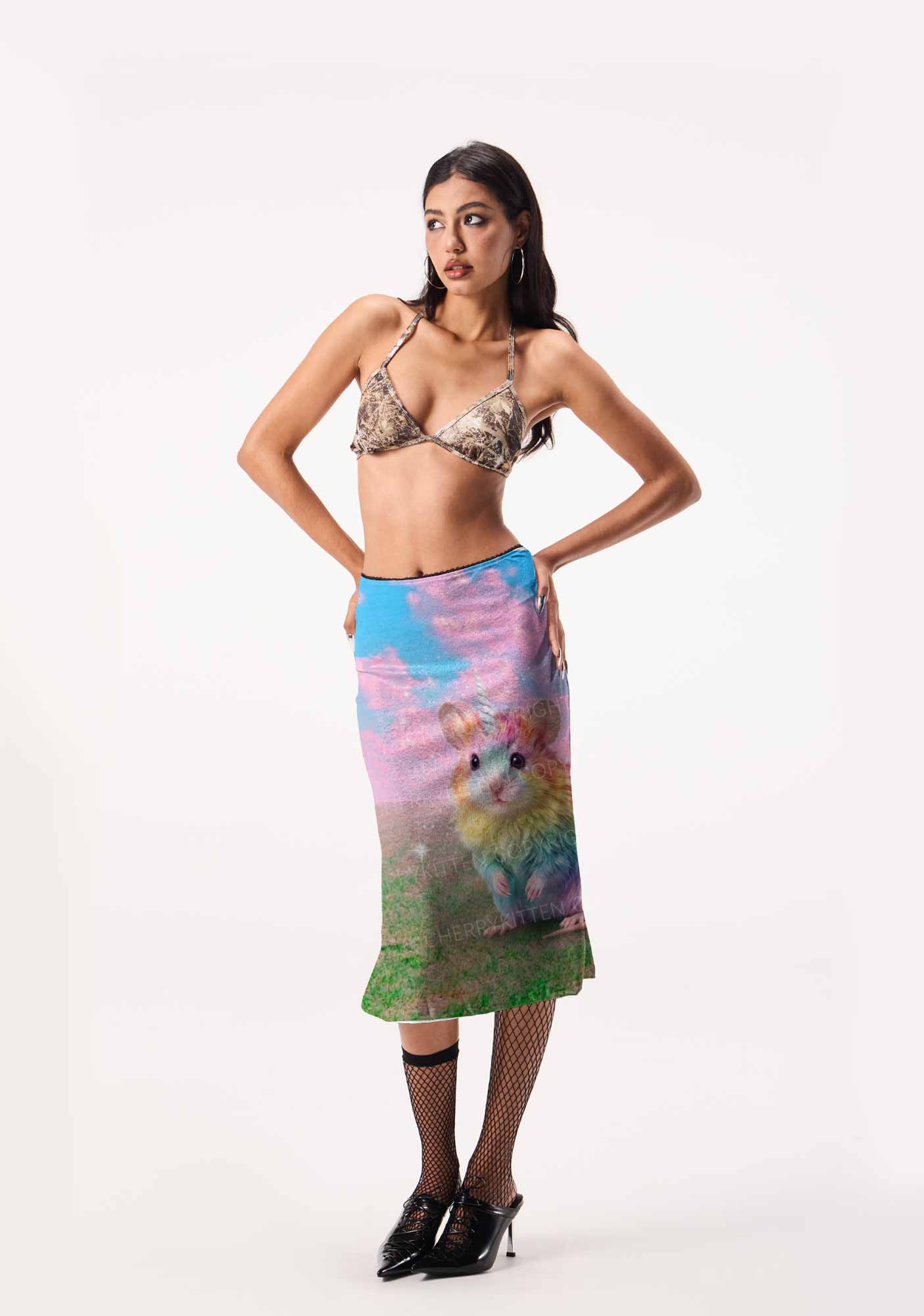 Unicorn Rat Pride Y2K Print Midi Skirt Cherrykitten