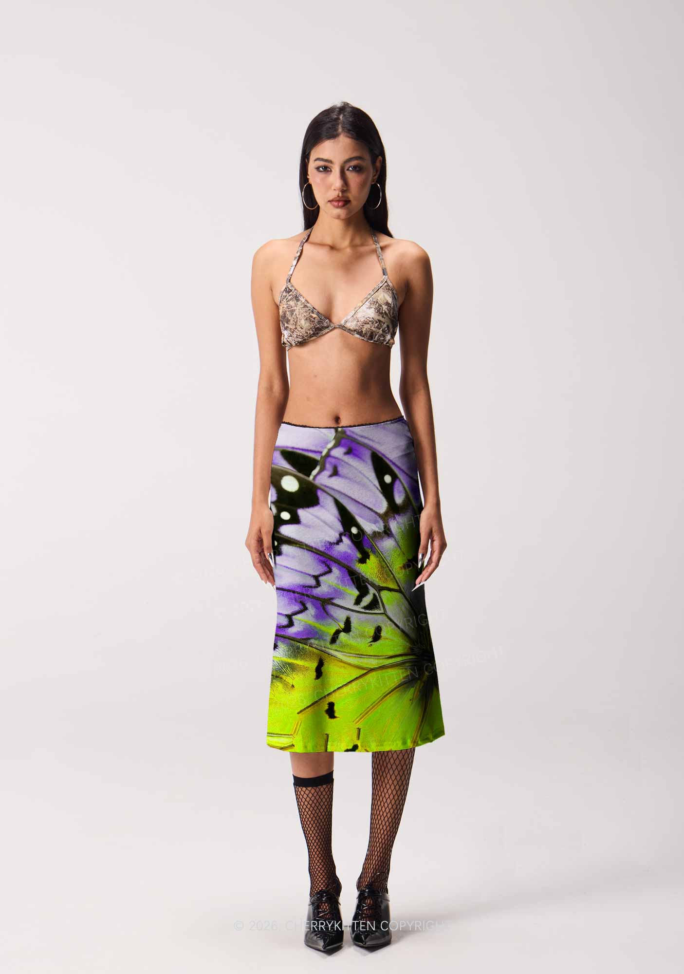 Purple Lime Butterfly Wing Y2K Print Midi Skirt Cherrykitten