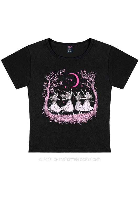 Halloween Witches Dancing Under Moon Y2K Baby Tee Cherrykitten