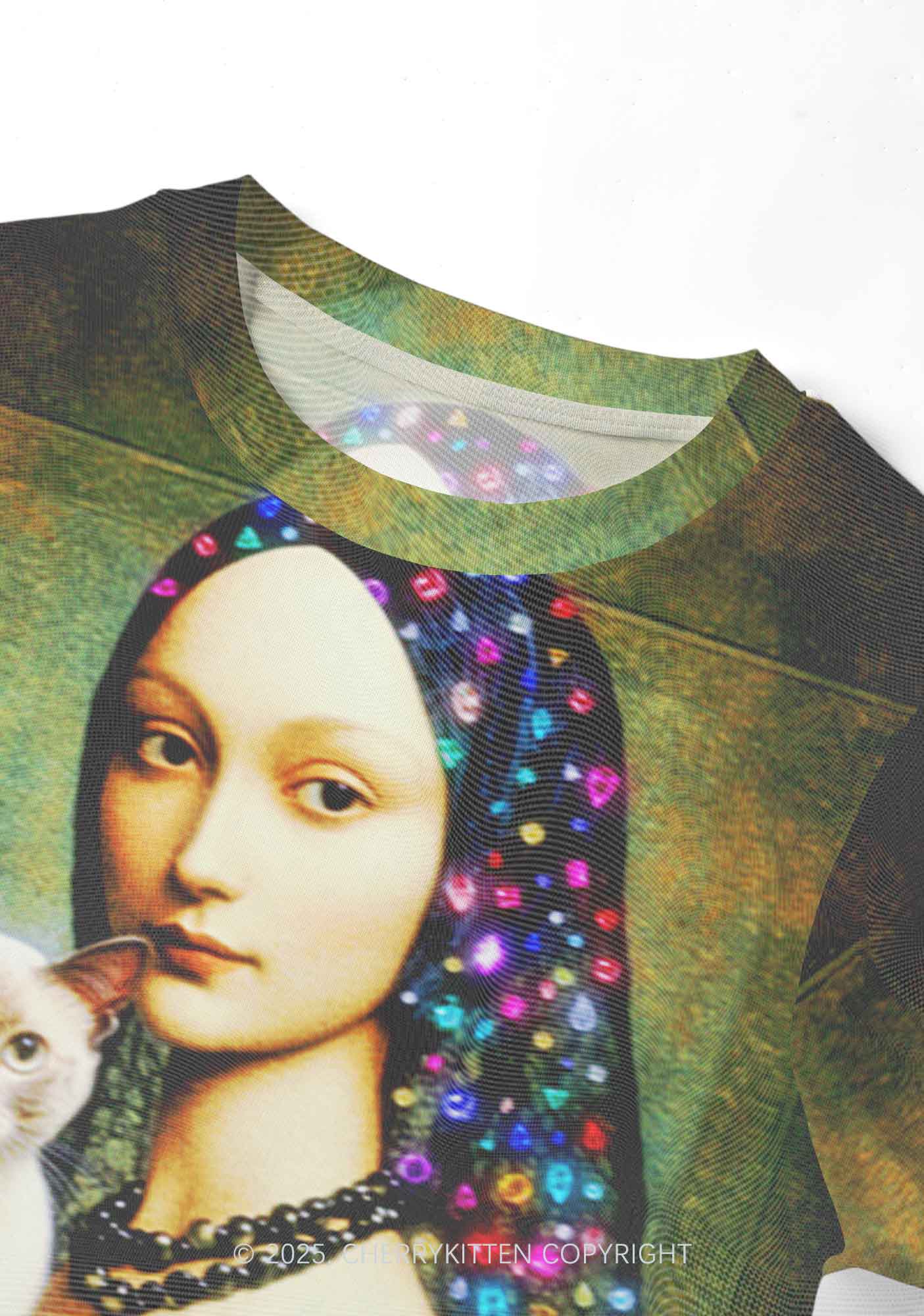 Renaissance Lady With Cat Y2K Mesh Crop Top Cherrykitten