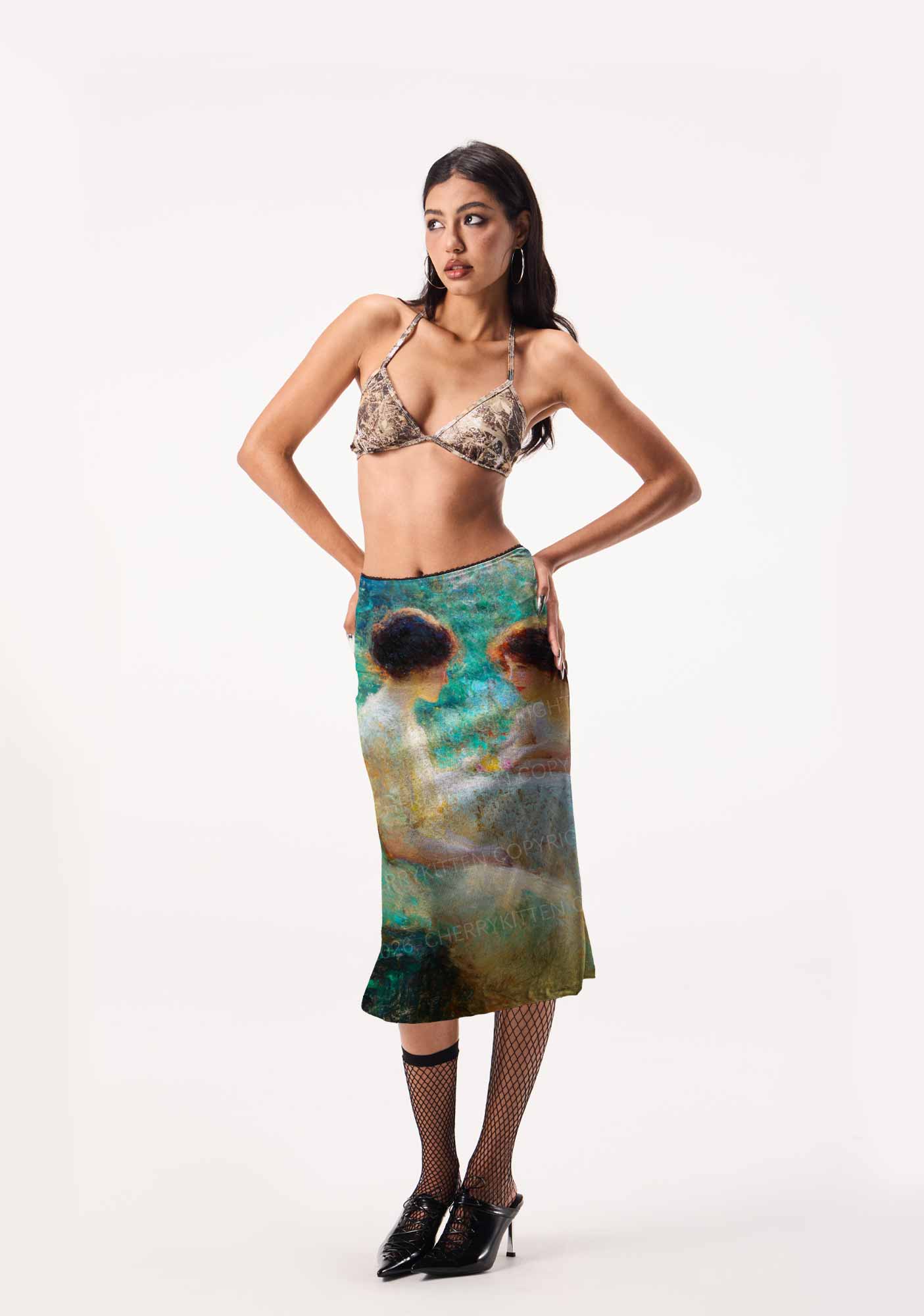Garden Tea Scene Art Pride Y2K Print Midi Skirt Cherrykitten