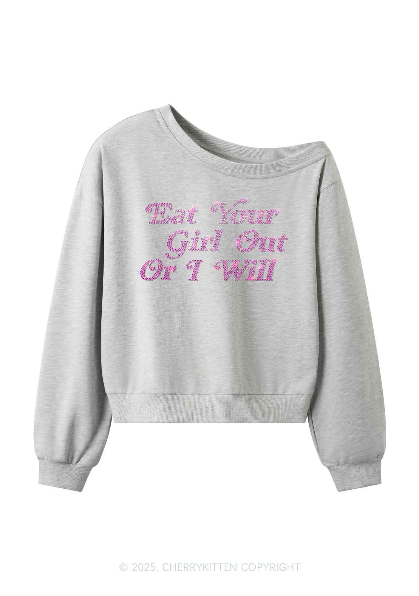 Rhinestone Eat Your Girl Out Y2K Off Shoulder Sweatshirts Cherrykitten