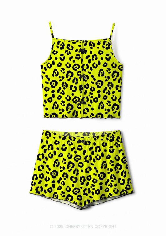Neon Leopard Y2K Print Cami Shorts Pajama Set Cherrykitten