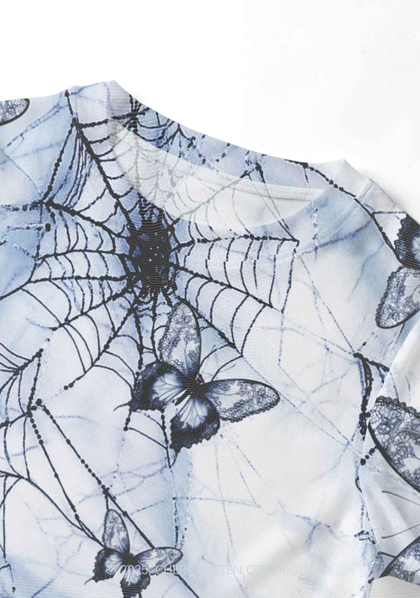Web And Butterflies Y2K Mesh Crop Top Cherrykitten