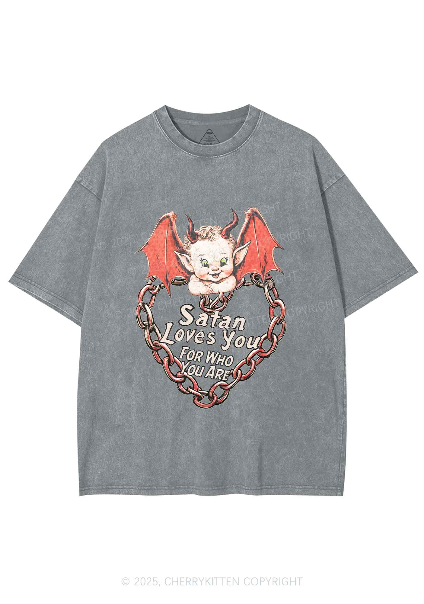 Satan Loves You Y2K Shirts Washed Tee Cherrykitten