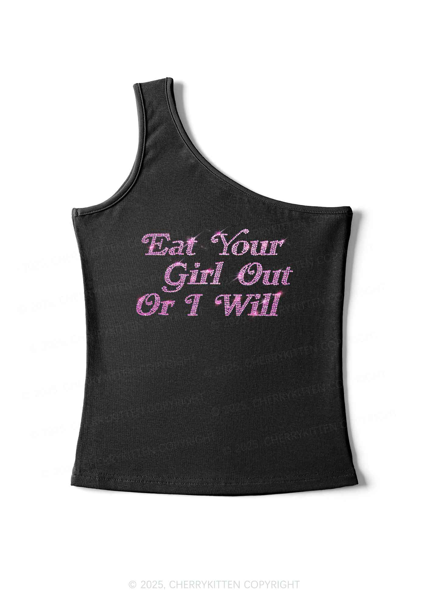 Rhinestone Eat Your Girl Out Y2K One Shoulder Tank Top Cherrykitten
