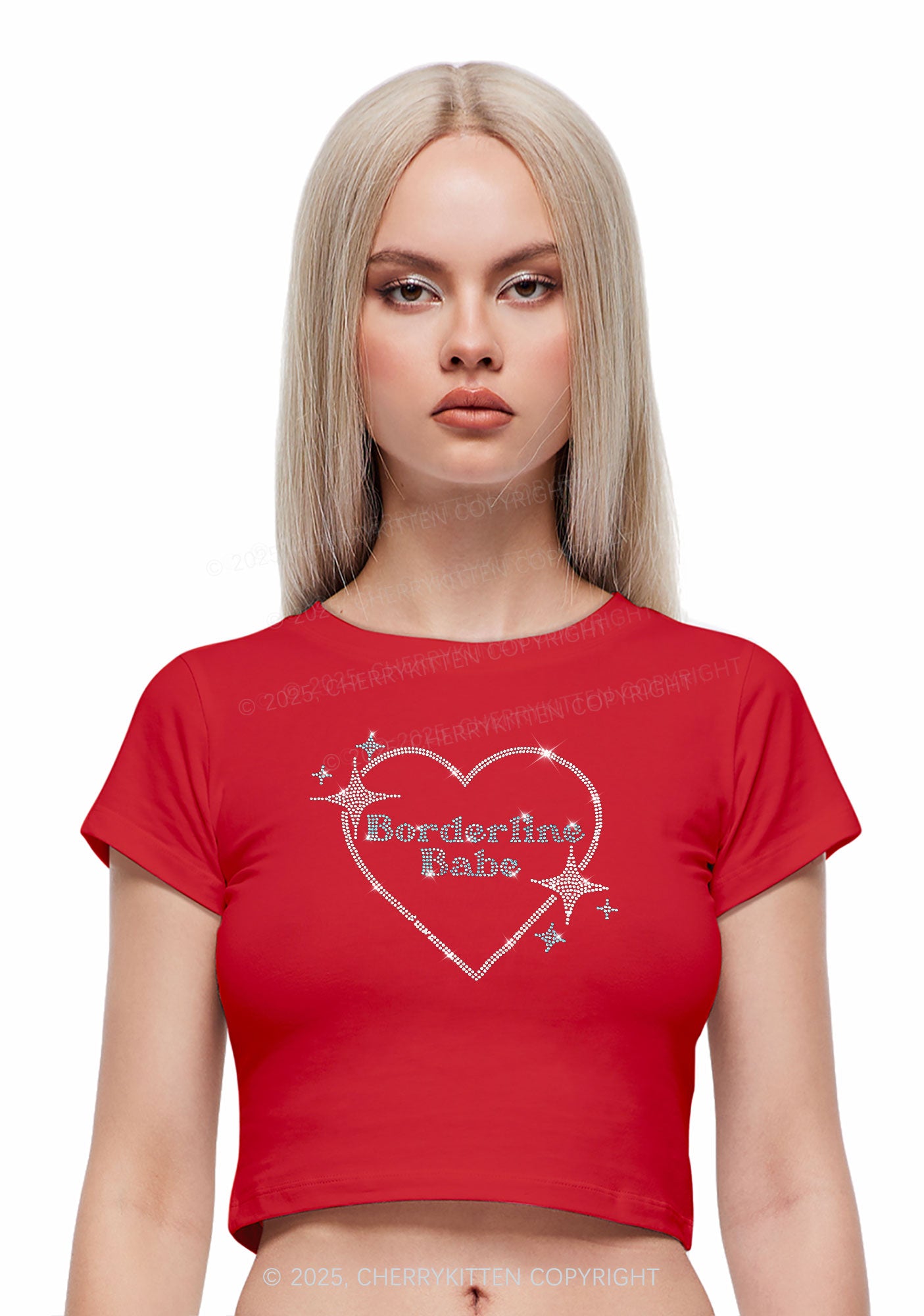 Rhinestone Borderline Personality Babe Y2K Baby Tee Cherrykitten
