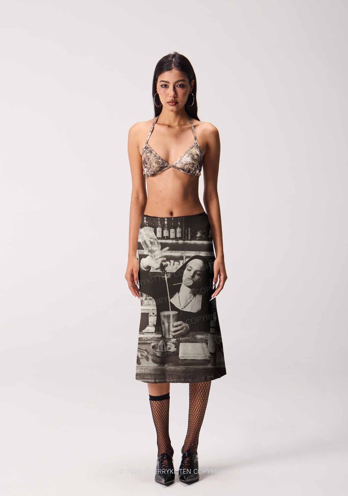 Nun Bartender Y2K Print Midi Skirt Cherrykitten