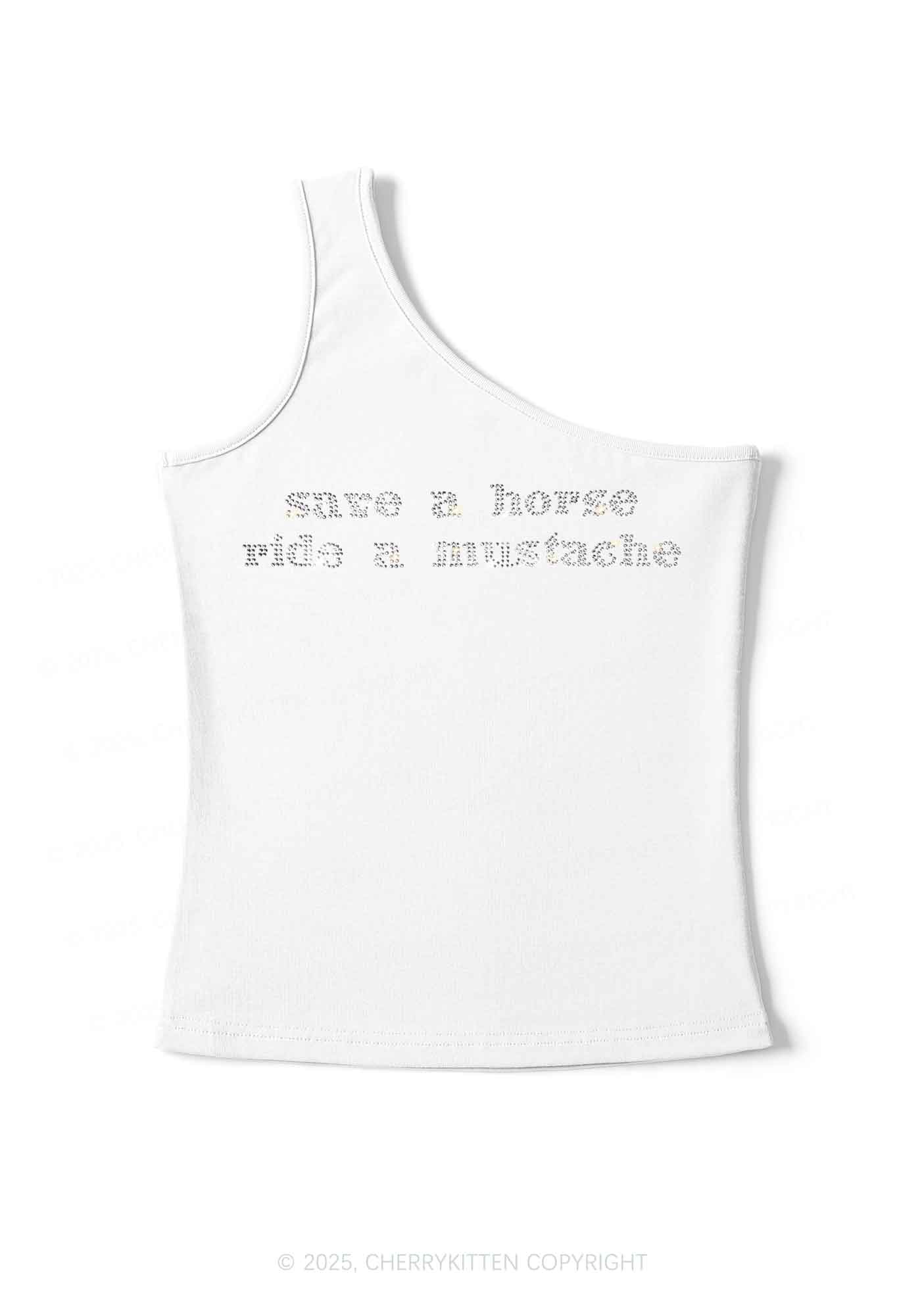 Rhinestone Ride A Mustache Y2K One Shoulder Tank Top Cherrykitten