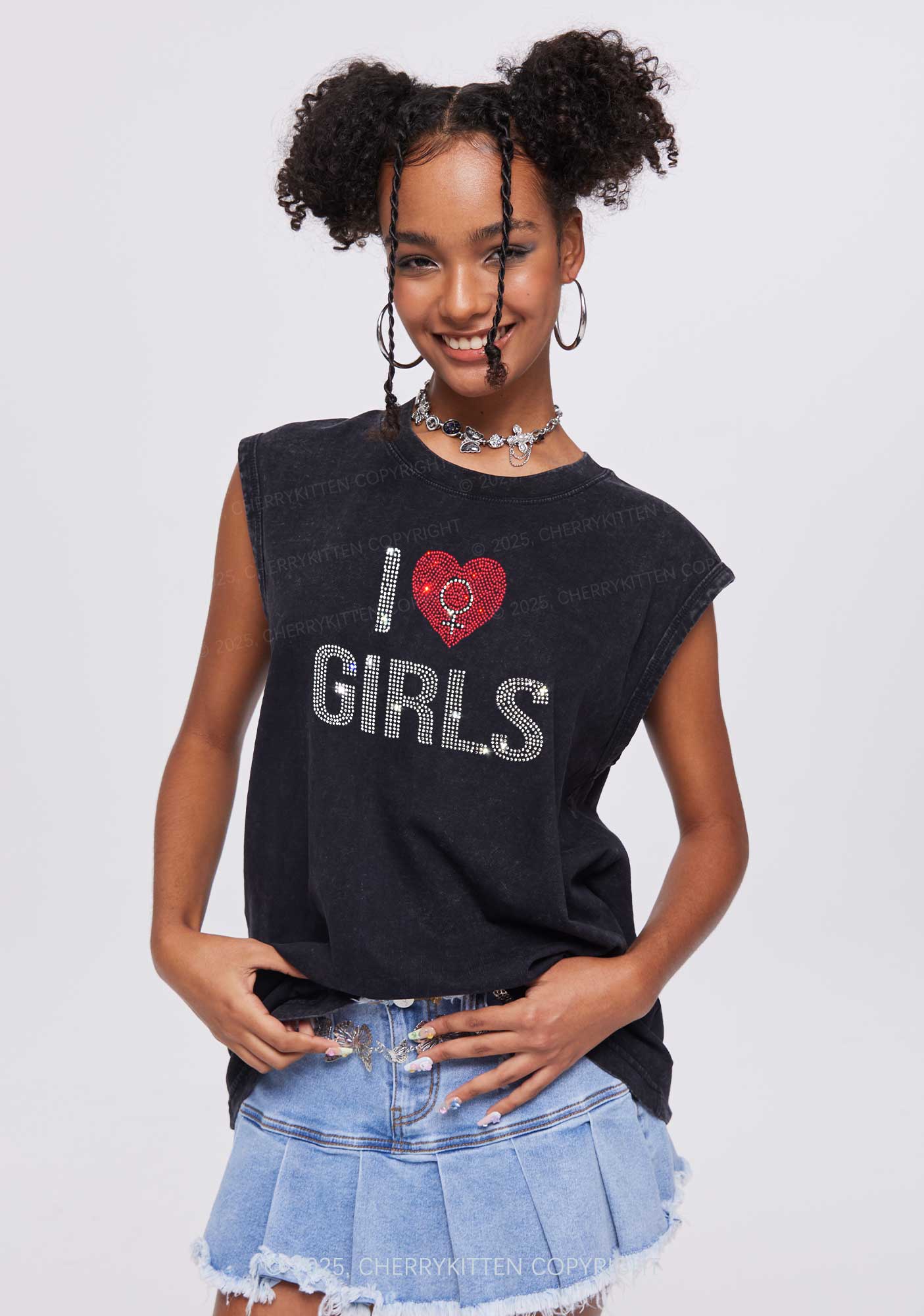 Rhinestone I Love Girls Pride Y2K Washed Muscle Tank Cherrykitten