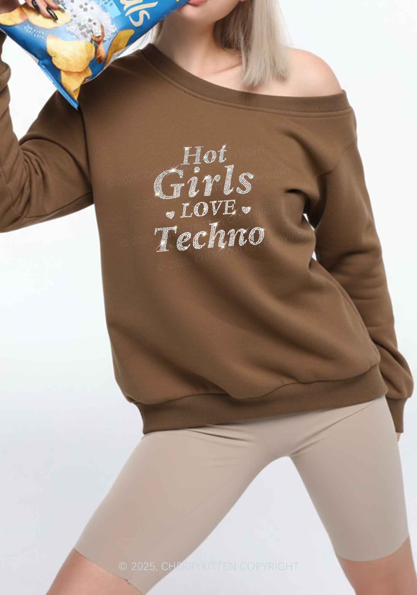 Rhinestone Hot Girls Love Techno Y2K Off Shoulder Sweatshirts Cherrykitten