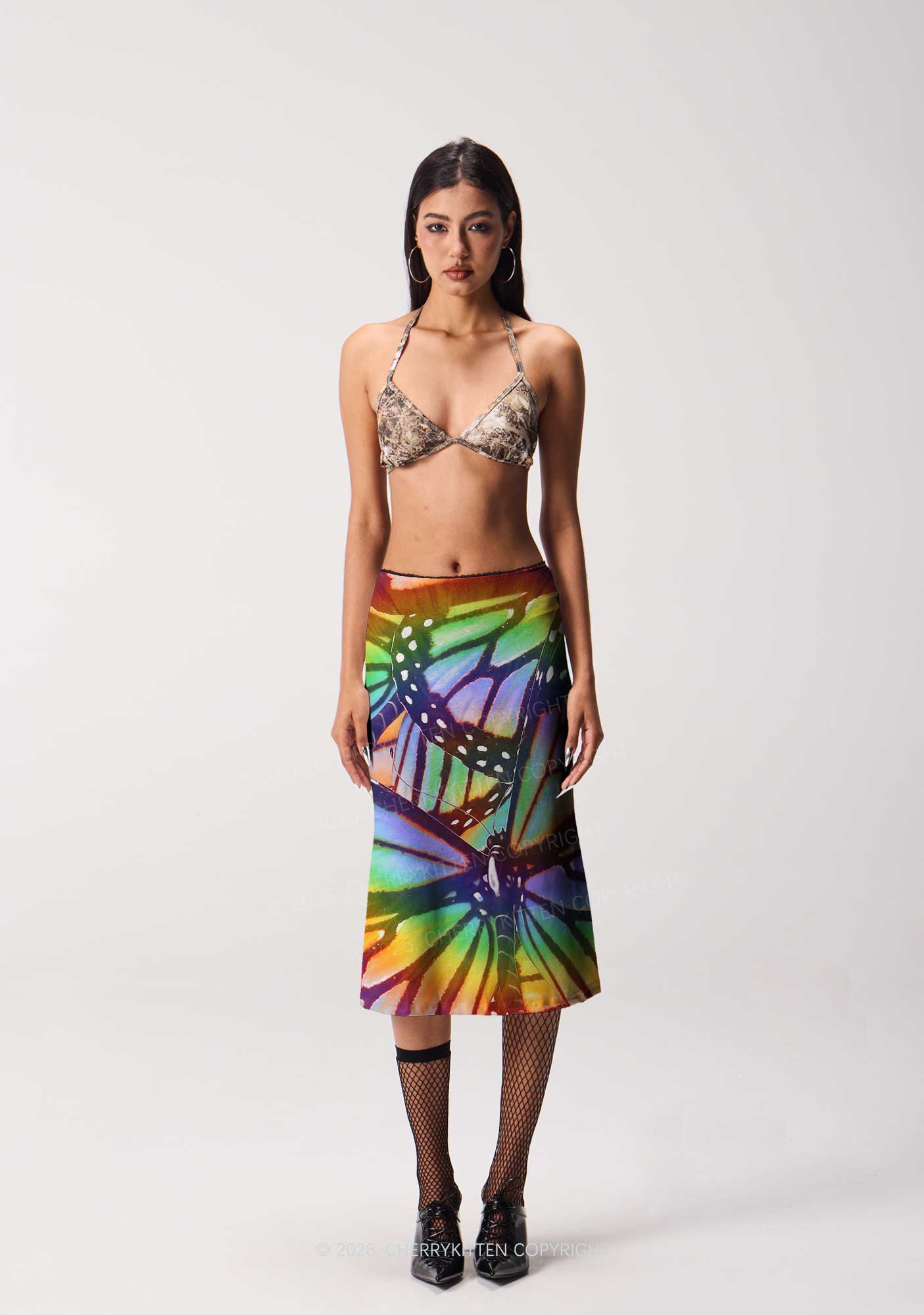 Rainbow Butterfly Y2K Print Midi Skirt Cherrykitten