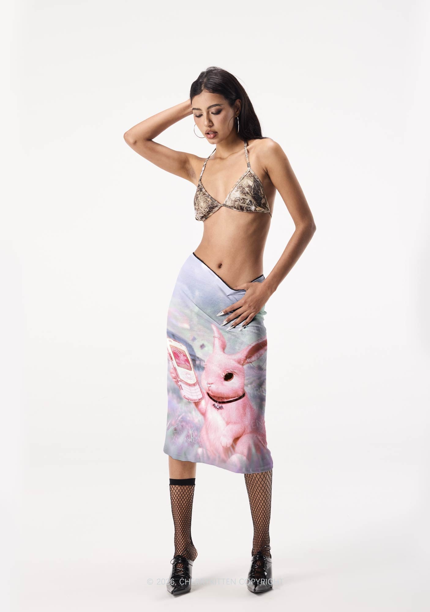 Pink Gothic Bunny Y2K Print Midi Skirt Cherrykitten