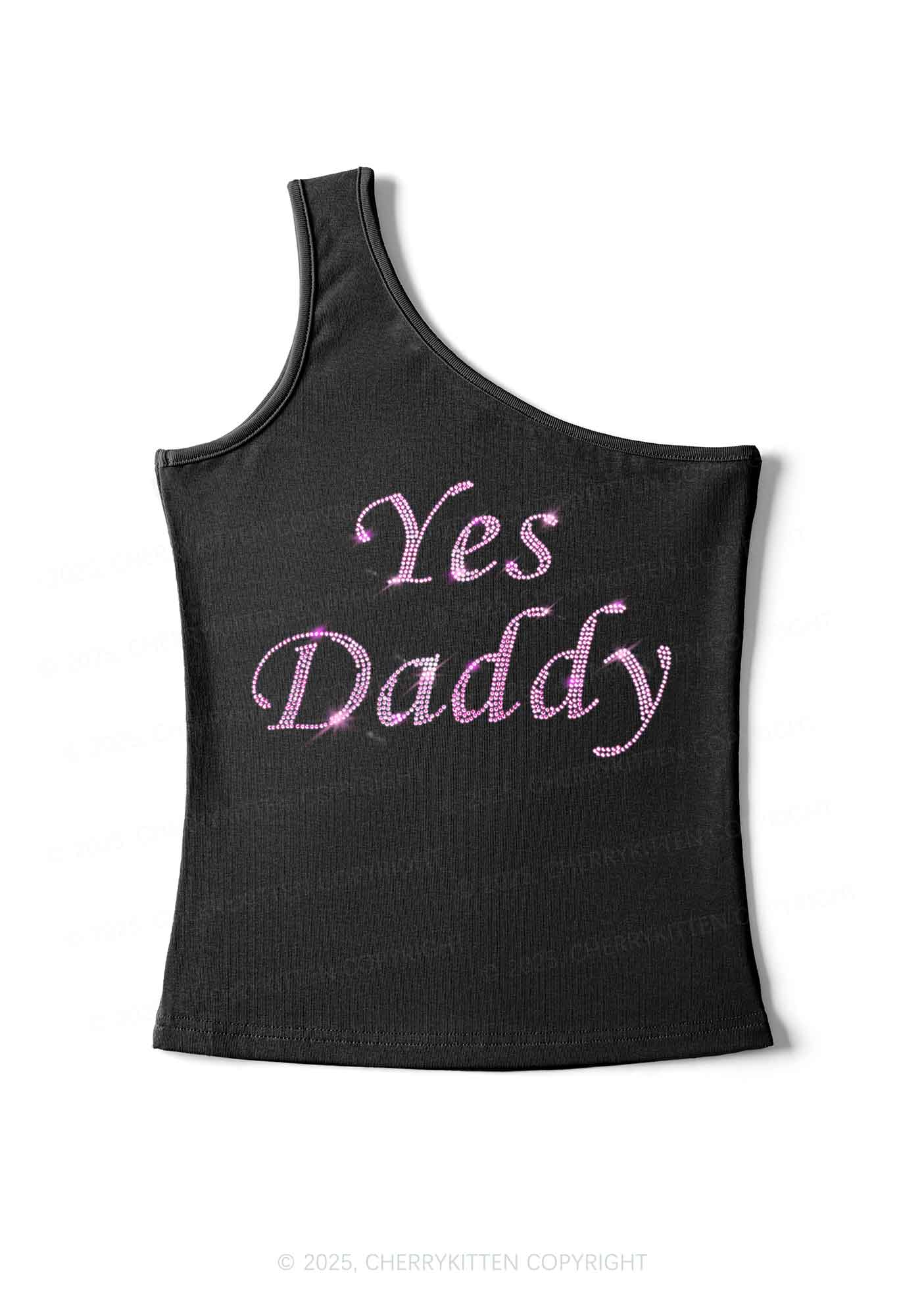 Rhinestone Yes Daddy Y2K One Shoulder Tank Top Cherrykitten
