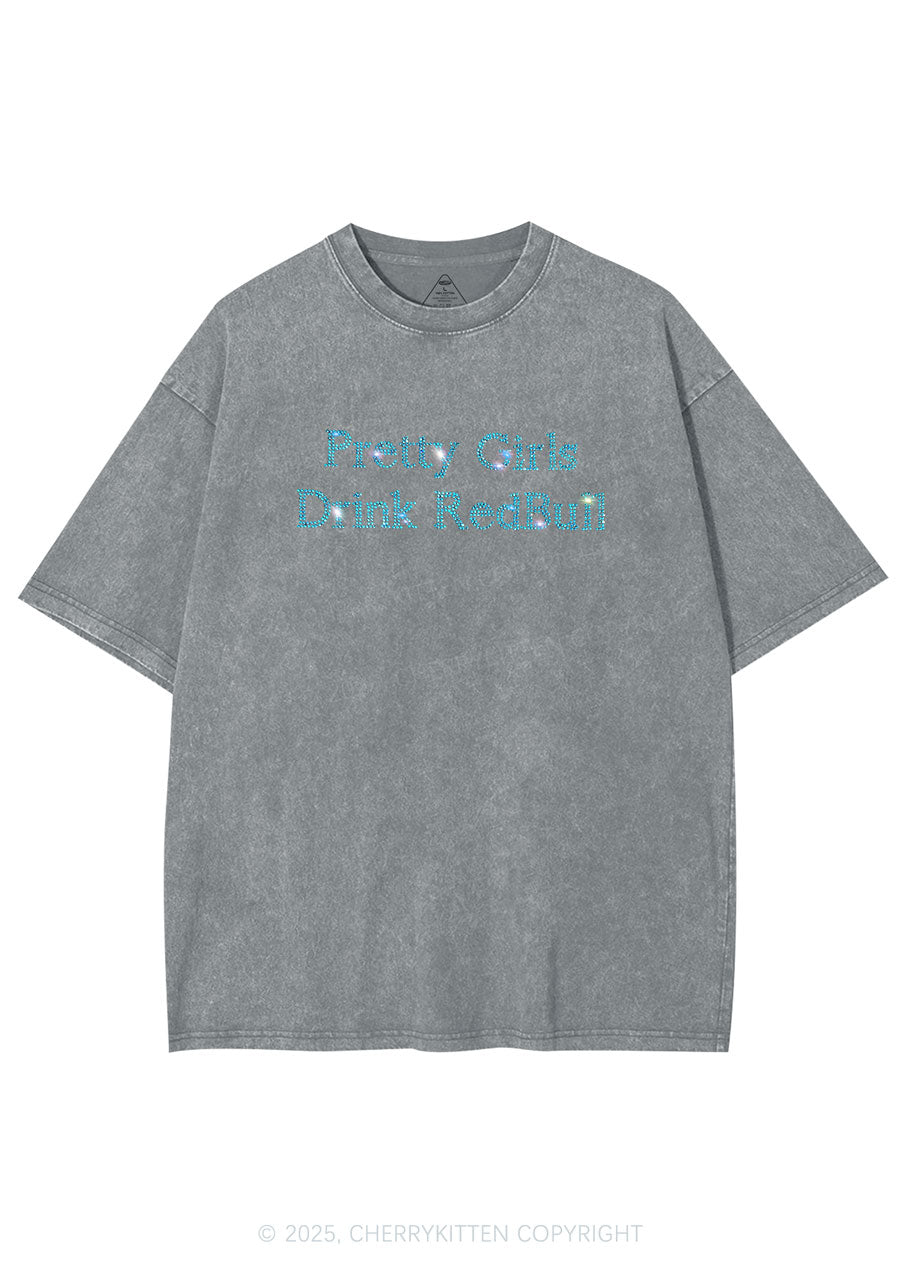 Rhinestone Pretty Girls Drink Redbull Y2K Shirts Washed Tee Cherrykitten