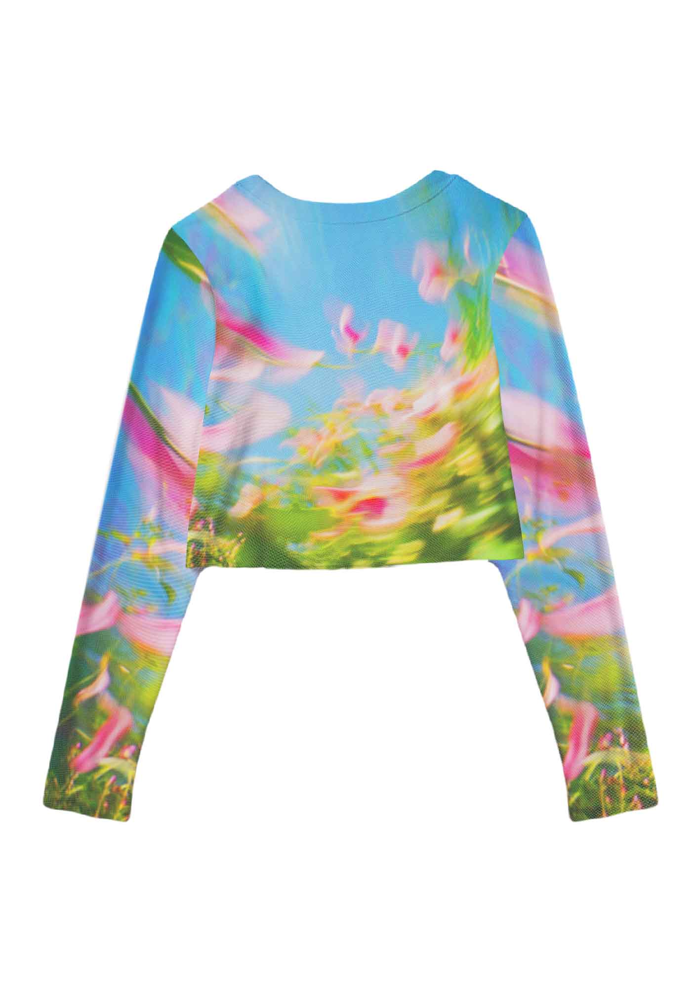 Blurred Blooms Y2K Mesh Long Sleeve Crop Top Cherrykitten