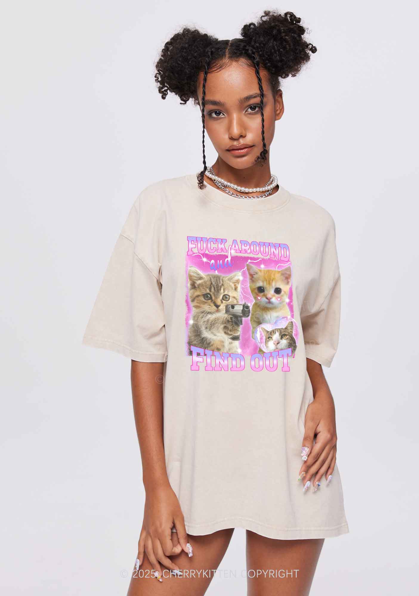 Fxxk Around Cats Y2K Shirts Washed Tee Cherrykitten