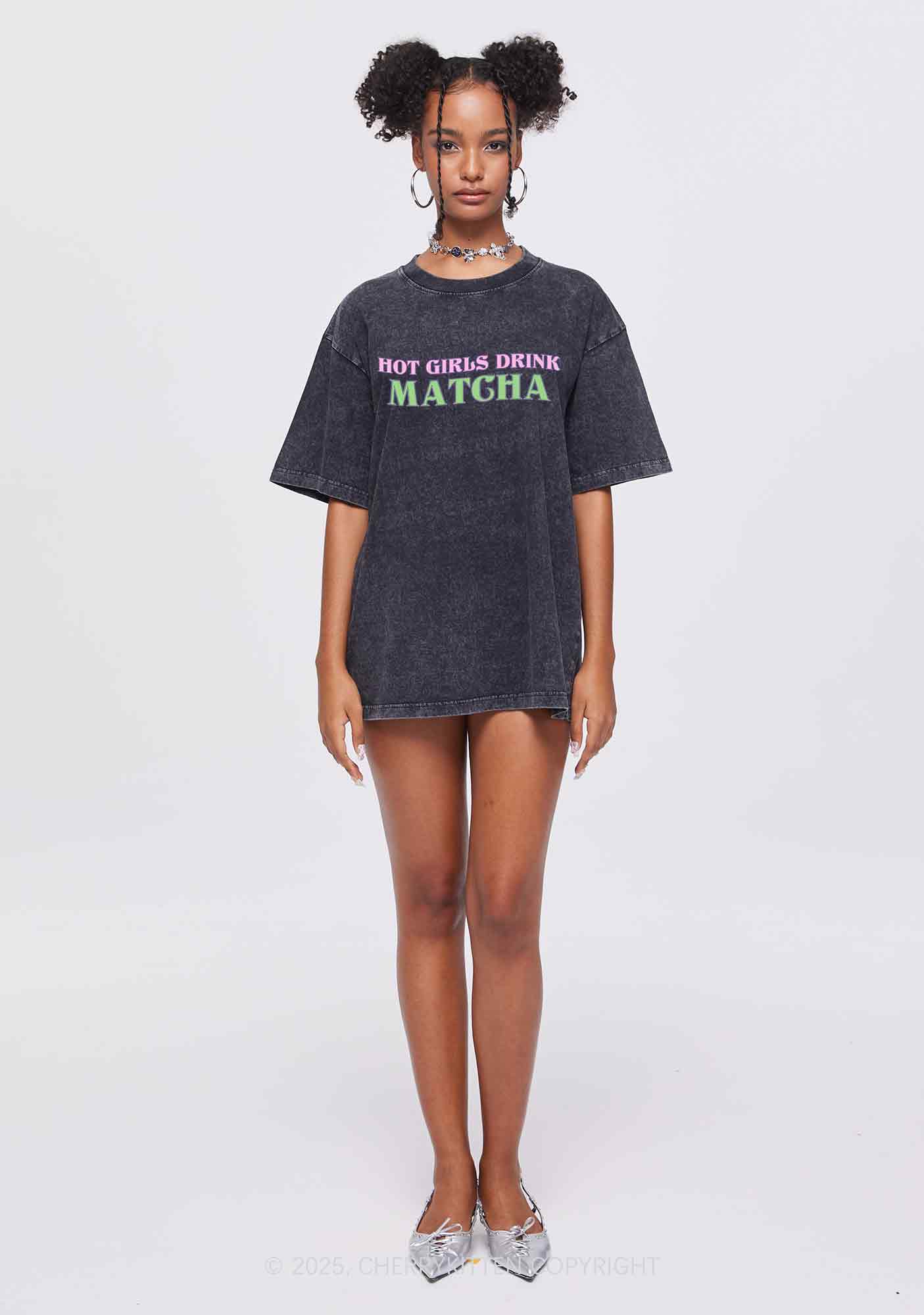 Hot Girls Drink Matcha Y2K Shirts Washed Tee Cherrykitten
