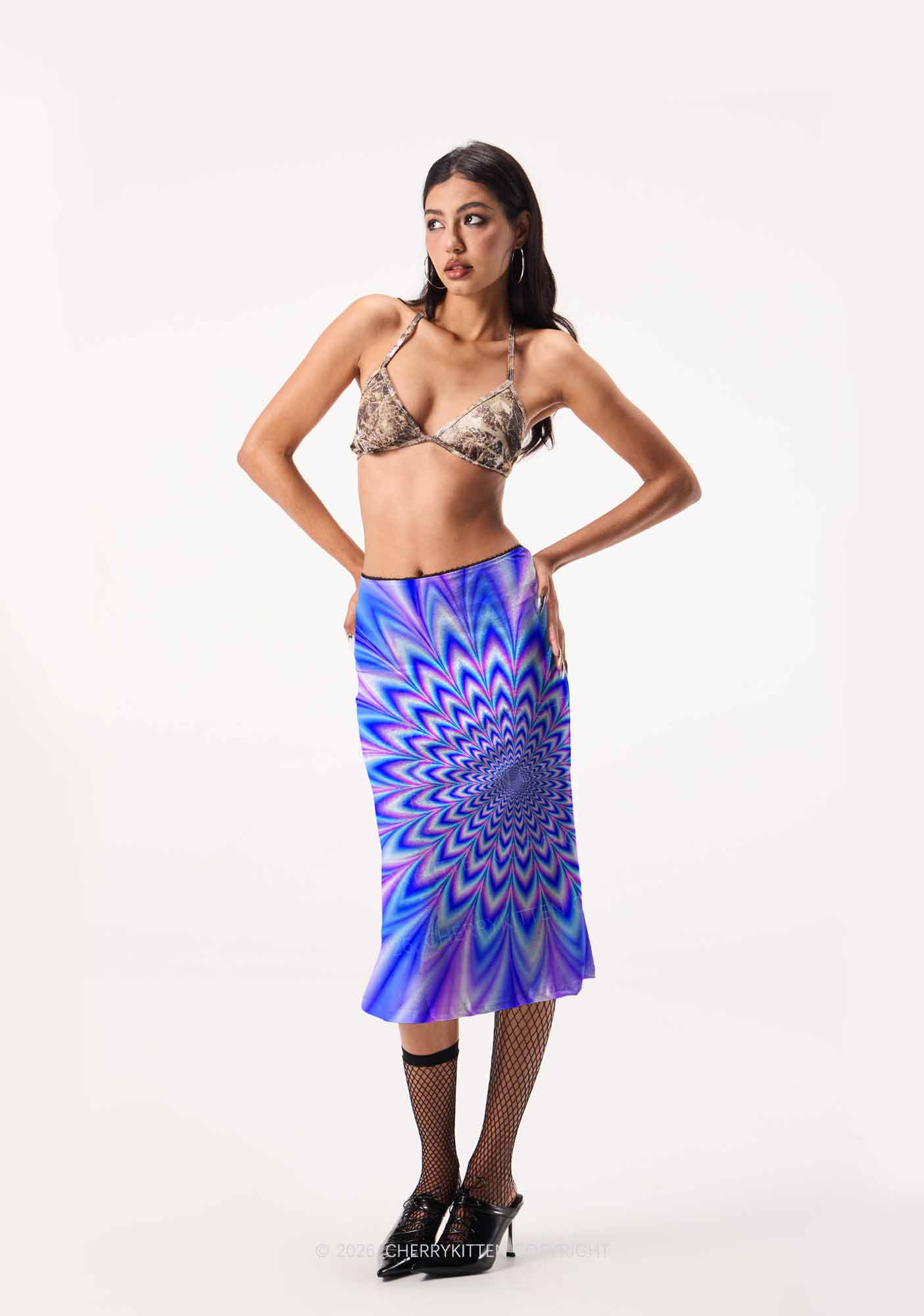 Blue Vortex Optical Illusion Y2K Print Midi Skirt Cherrykitten