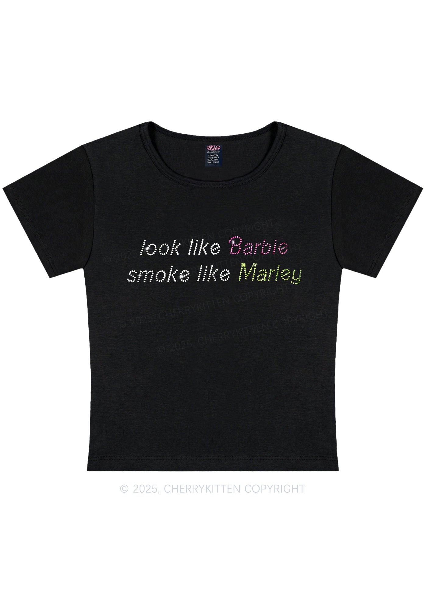 Rhinestone Smoke Like Marley Y2K Baby Tee Cherrykitten