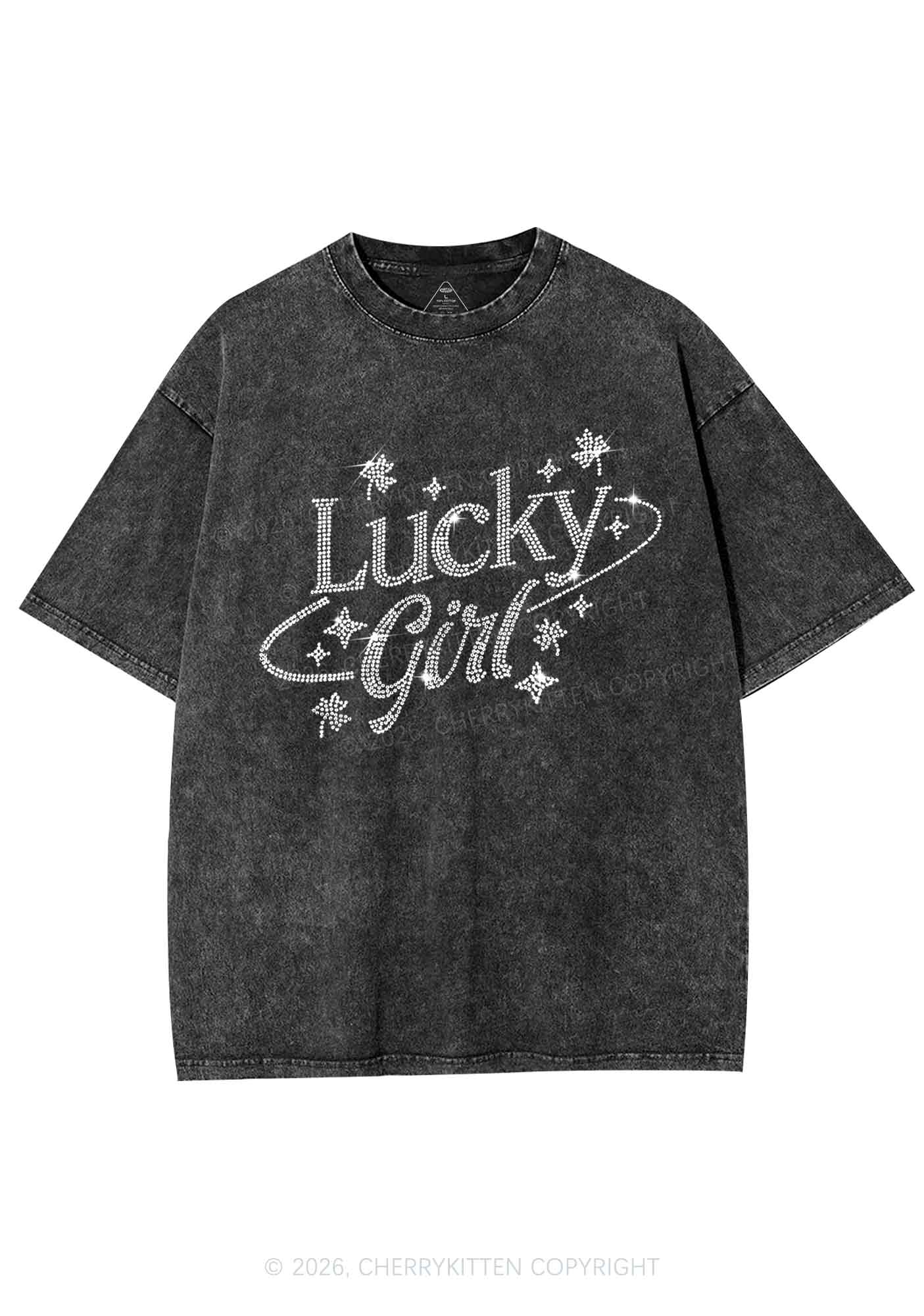Rhinestone Lucky Girl St Patricks Y2K Shirts Washed Tee Cherrykitten