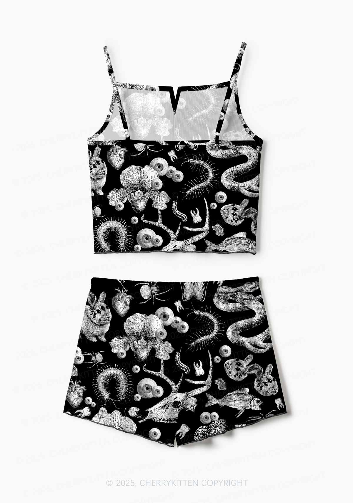 Halloween Dark Sheep Bone Y2K Print Cami Shorts Pajama Set Cherrykitten