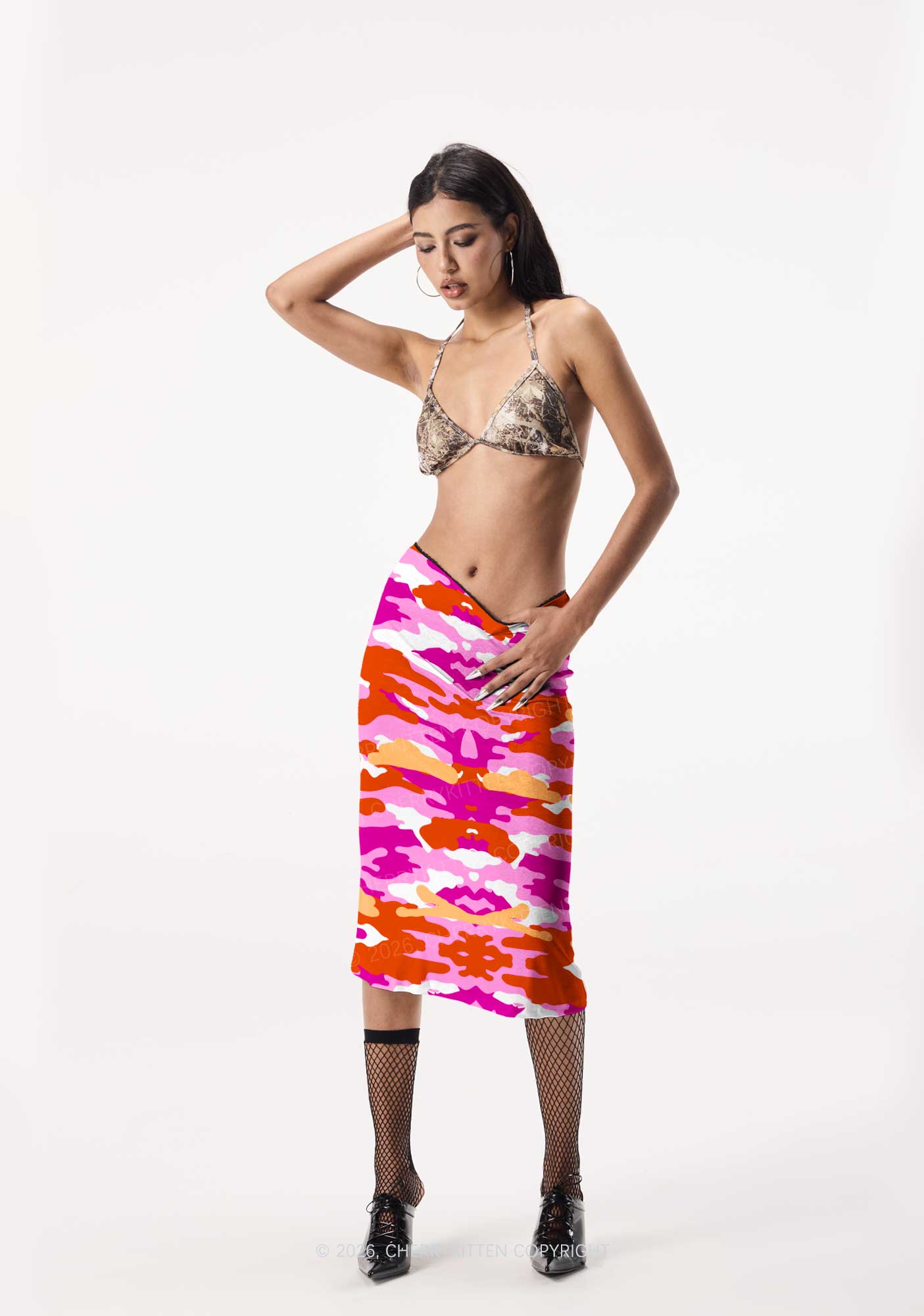 Lesbian Camouflage Pride Y2K Print Midi Skirt Cherrykitten