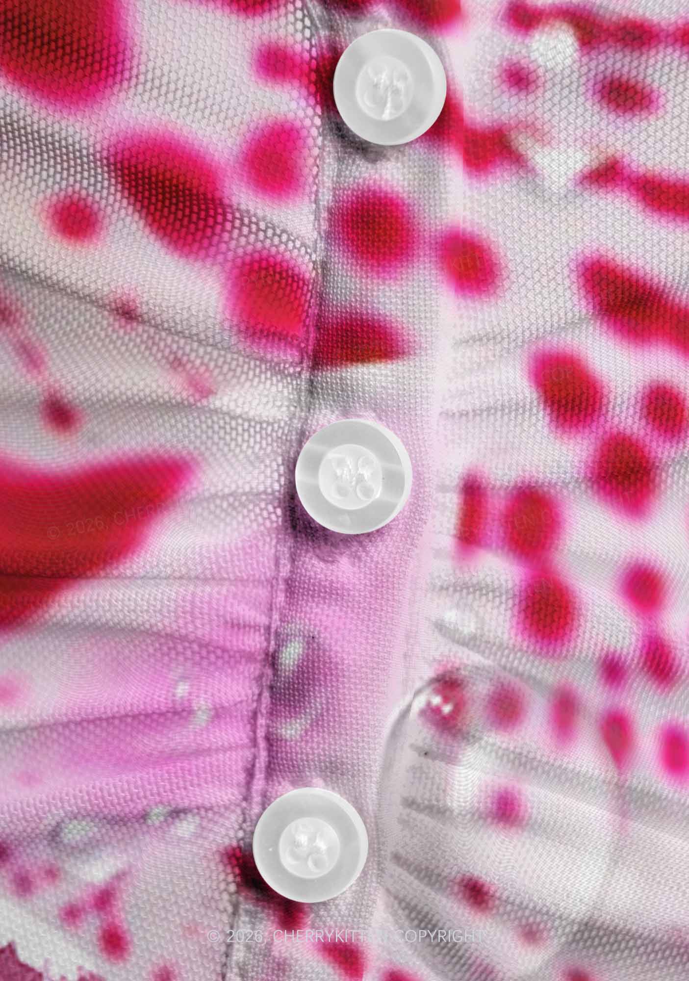 Pink Orchid Dewdrops Y2K Mesh Ruched Waist V Neck Top Cherrykitten