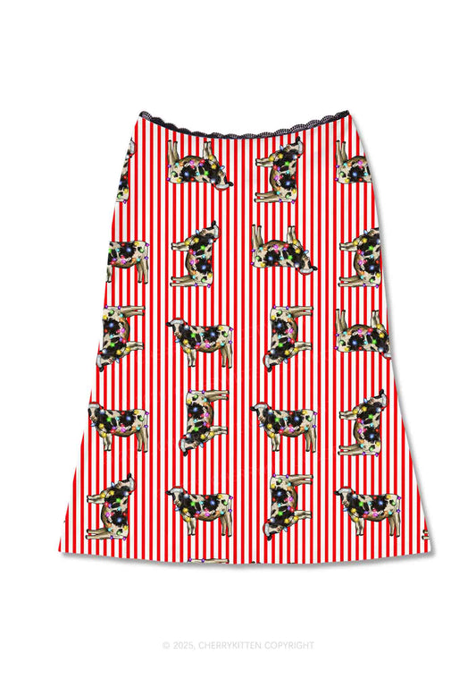 Christmas Cow Y2K Print Midi Skirt Cherrykitten