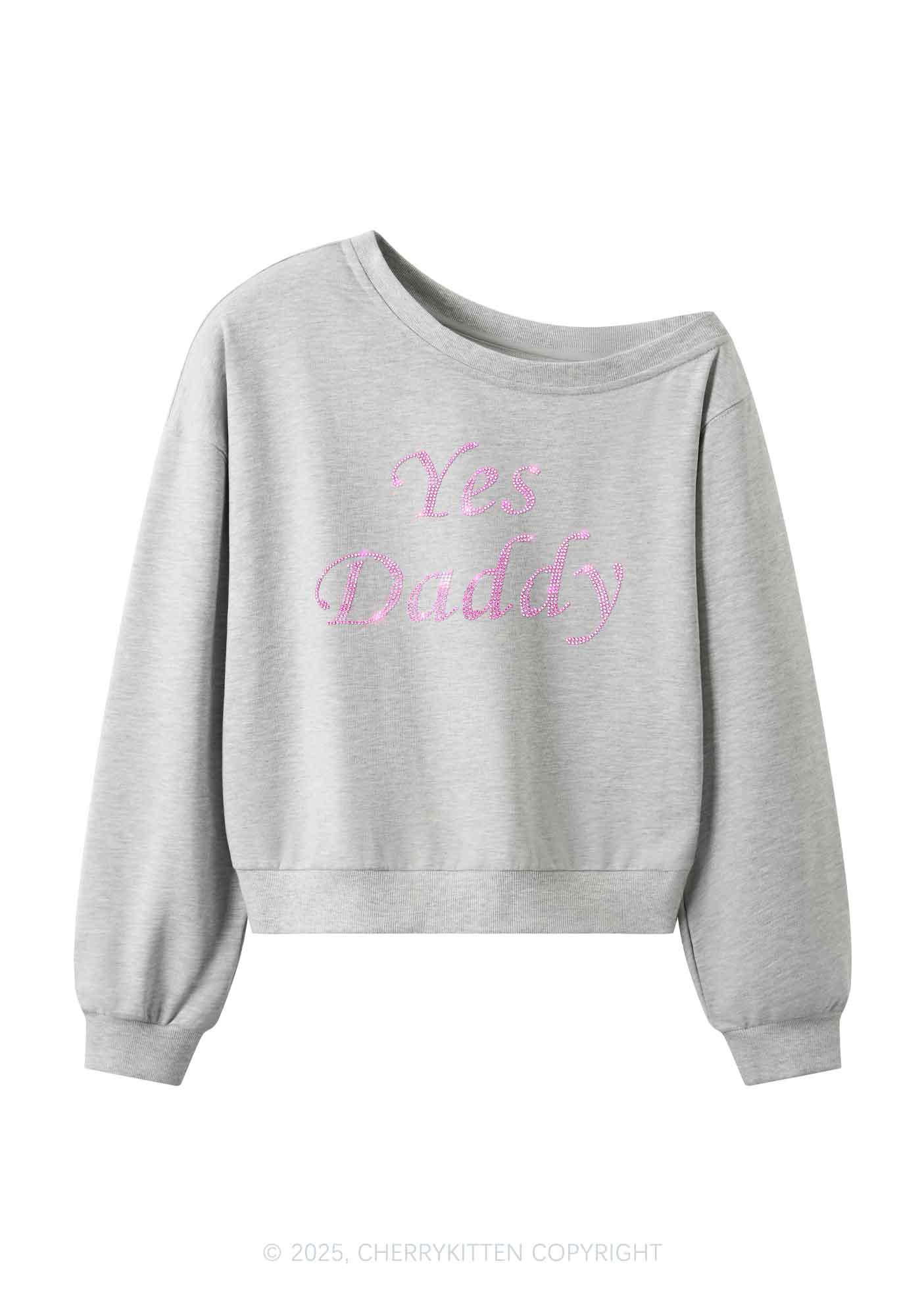 Rhinestone Yes Daddy Y2K Off Shoulder Sweatshirts Cherrykitten