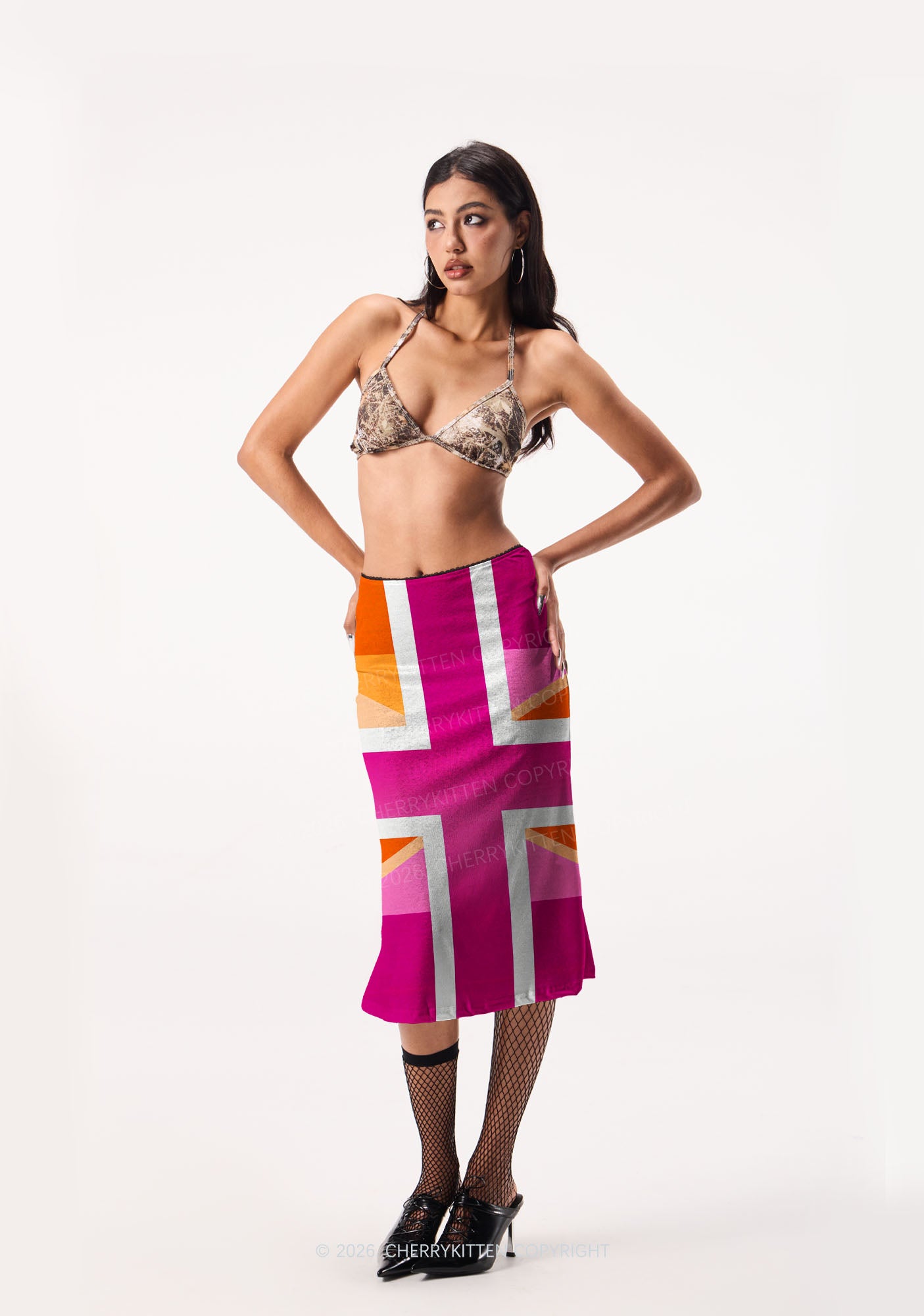 Lesbian Cross Flag Pride Y2K Print Midi Skirt Cherrykitten