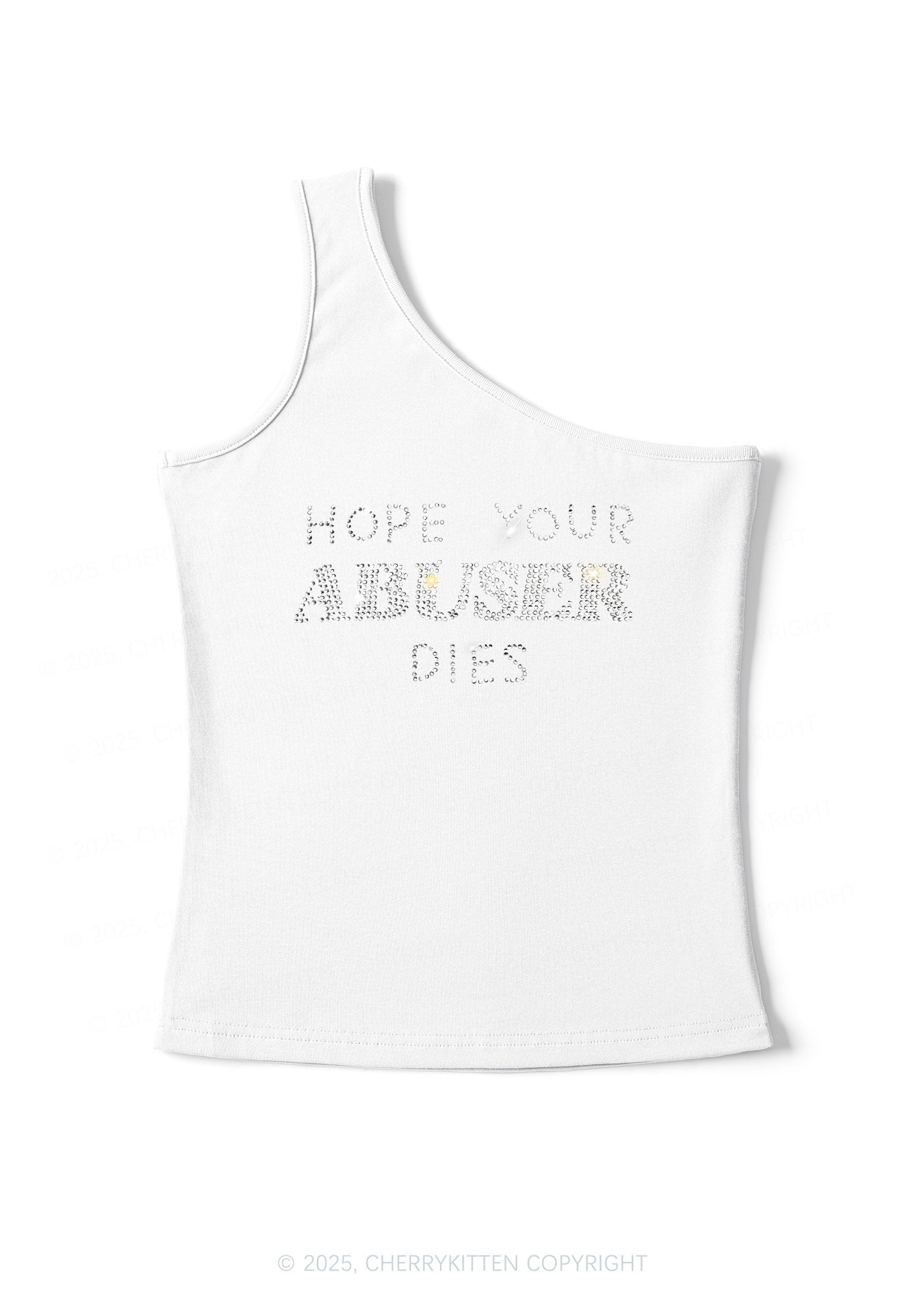 Rhinestone Abuser Dies Y2K One Shoulder Tank Top Cherrykitten