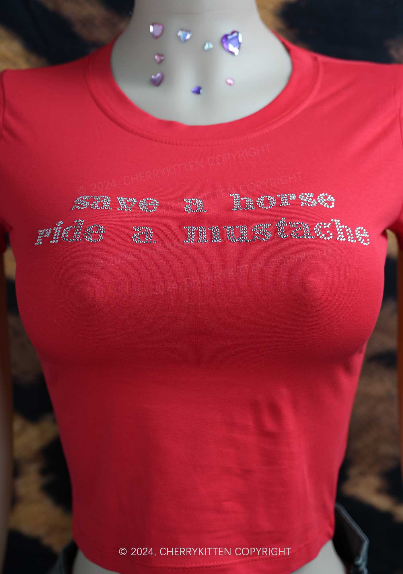 Rhinestone Ride A Mustache Y2K Baby Tee Cherrykitten