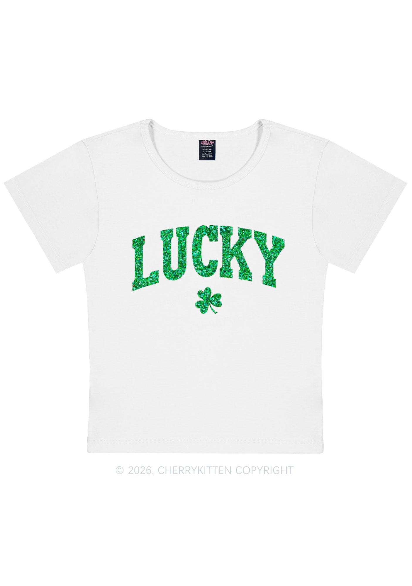Glitter Lucky Shamrock St Patricks Y2K Baby Tee Cherrykitten
