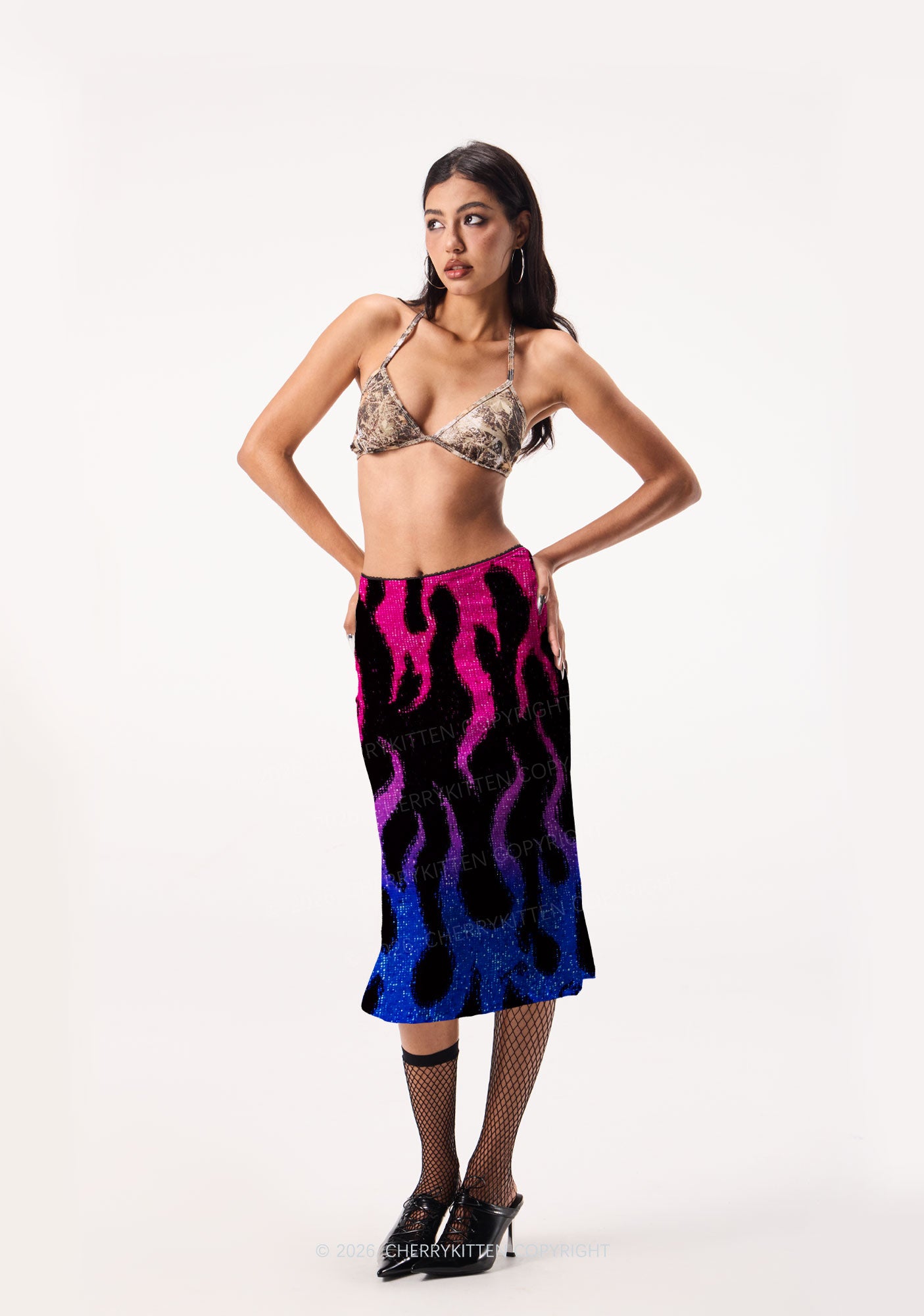 Bisexual Flame Pride Y2K Print Midi Skirt Cherrykitten