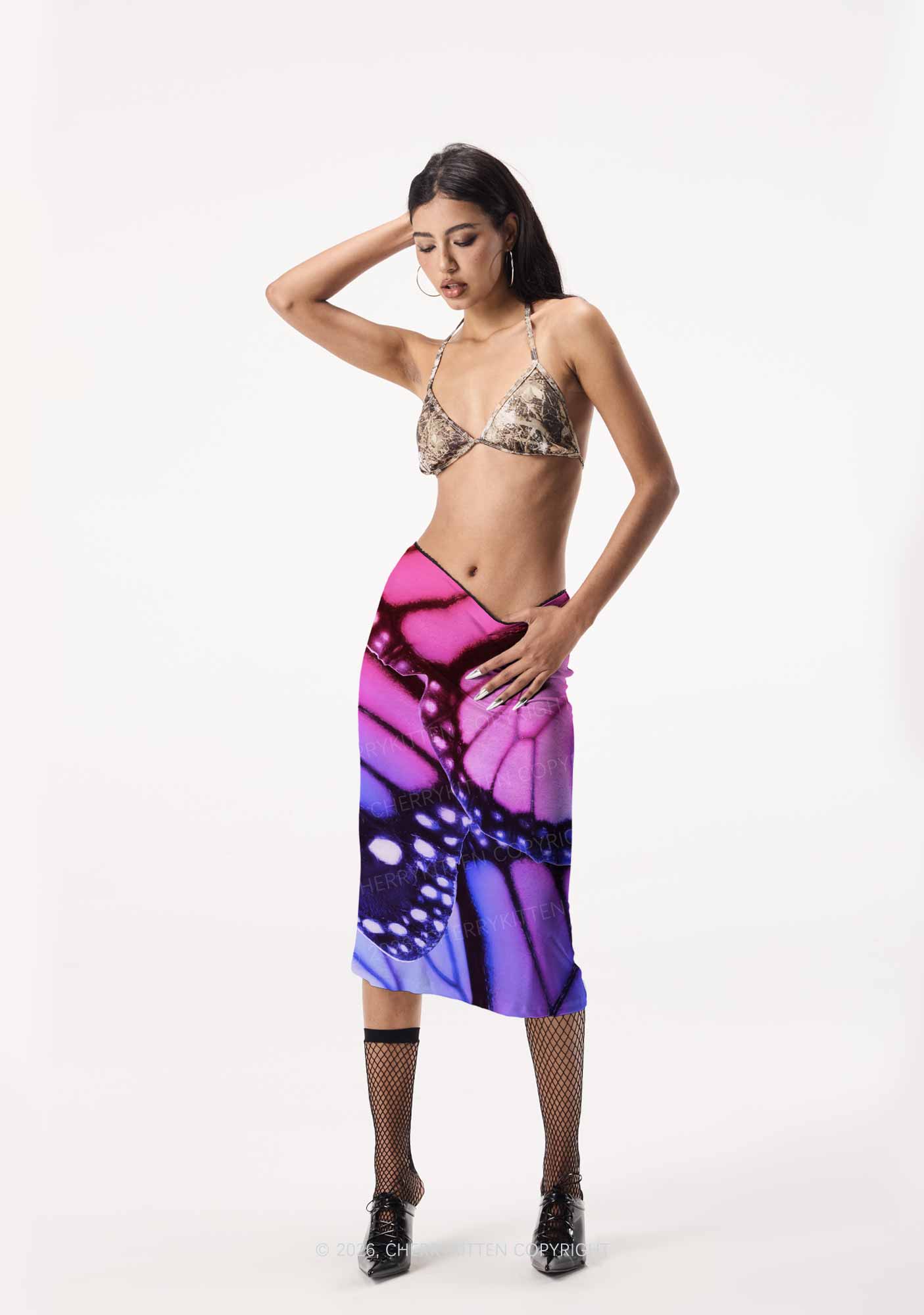 Bisexual Butterfly Wing Pride Y2K Print Midi Skirt Cherrykitten